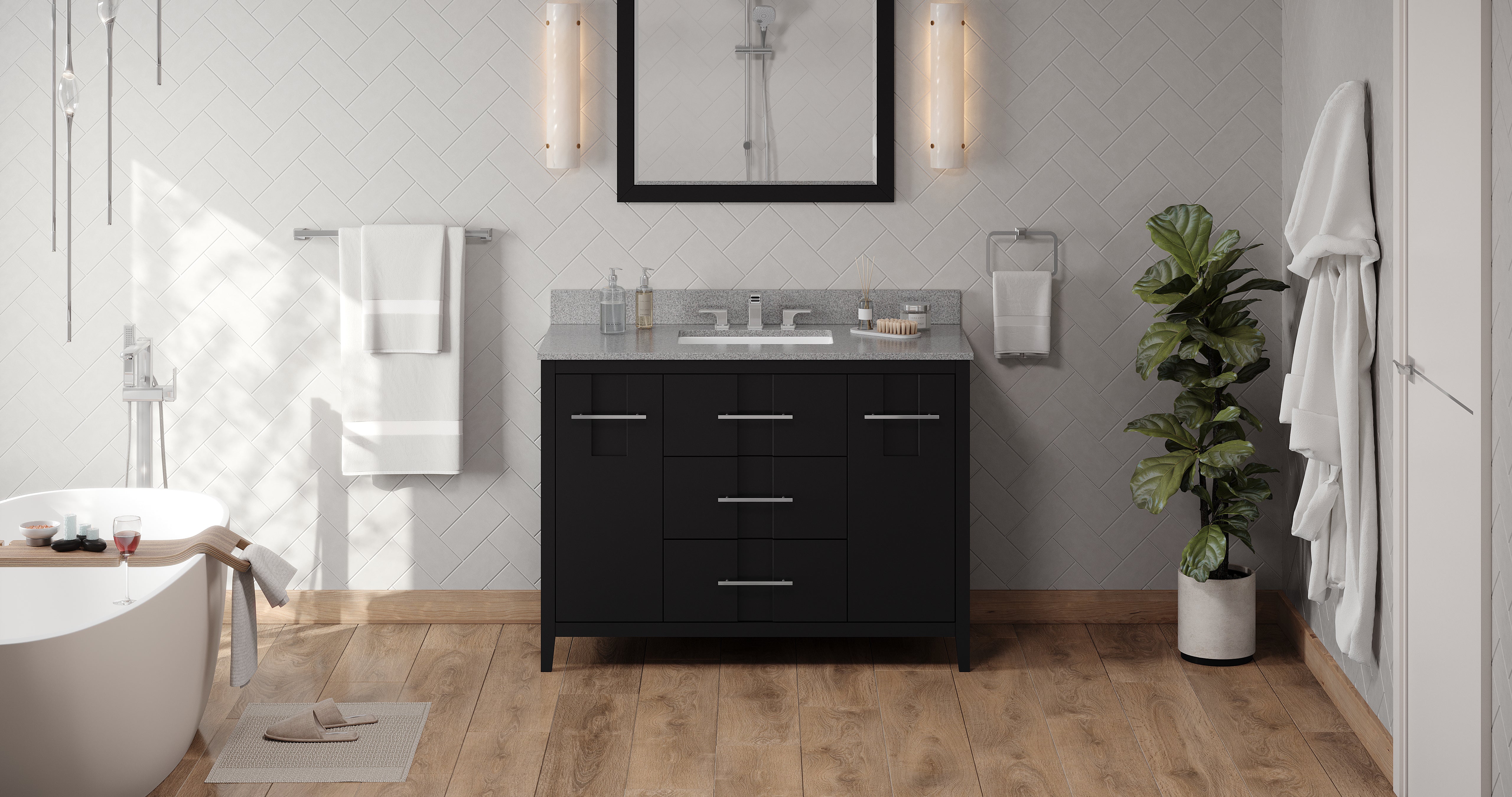 48" Black Katara Vanity, Steel Grey Cultured Marble Vanity Top, undermount rectangle bowl | KitchBath