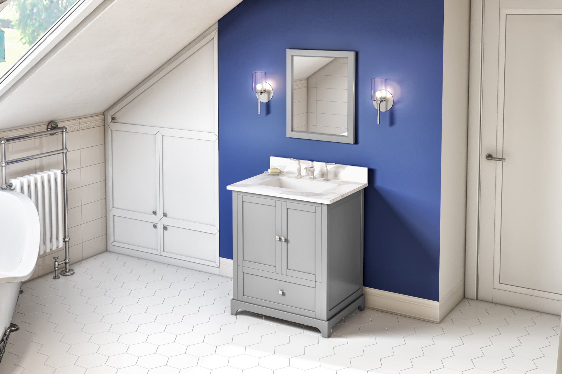 30" Grey Addington Vanity, Calacatta Vienna Quartz Vanity Top, undermount rectangle bowl
