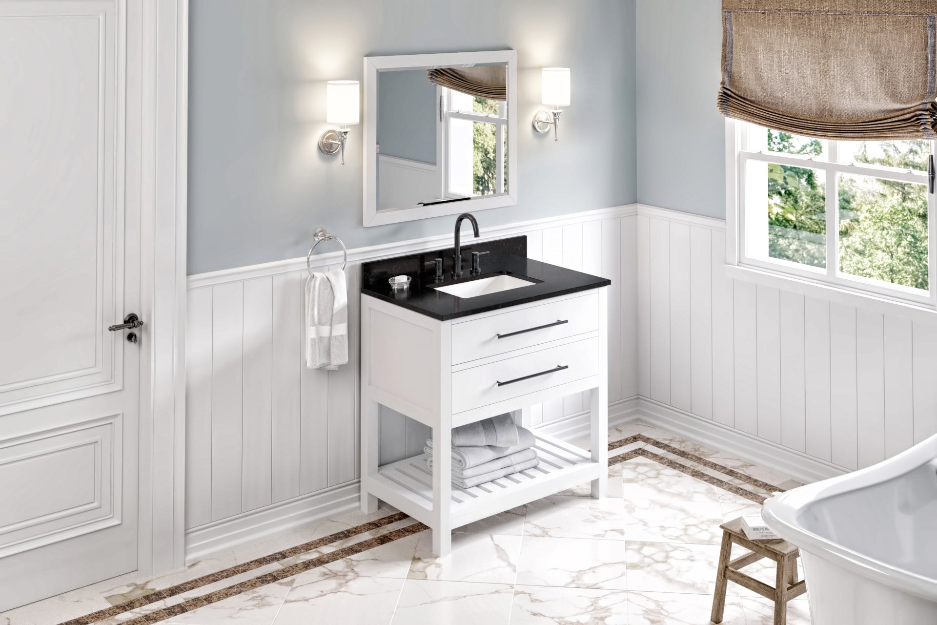 36" White Wavecrest Vanity, Black Granite Vanity Top, undermount rectangle bowl