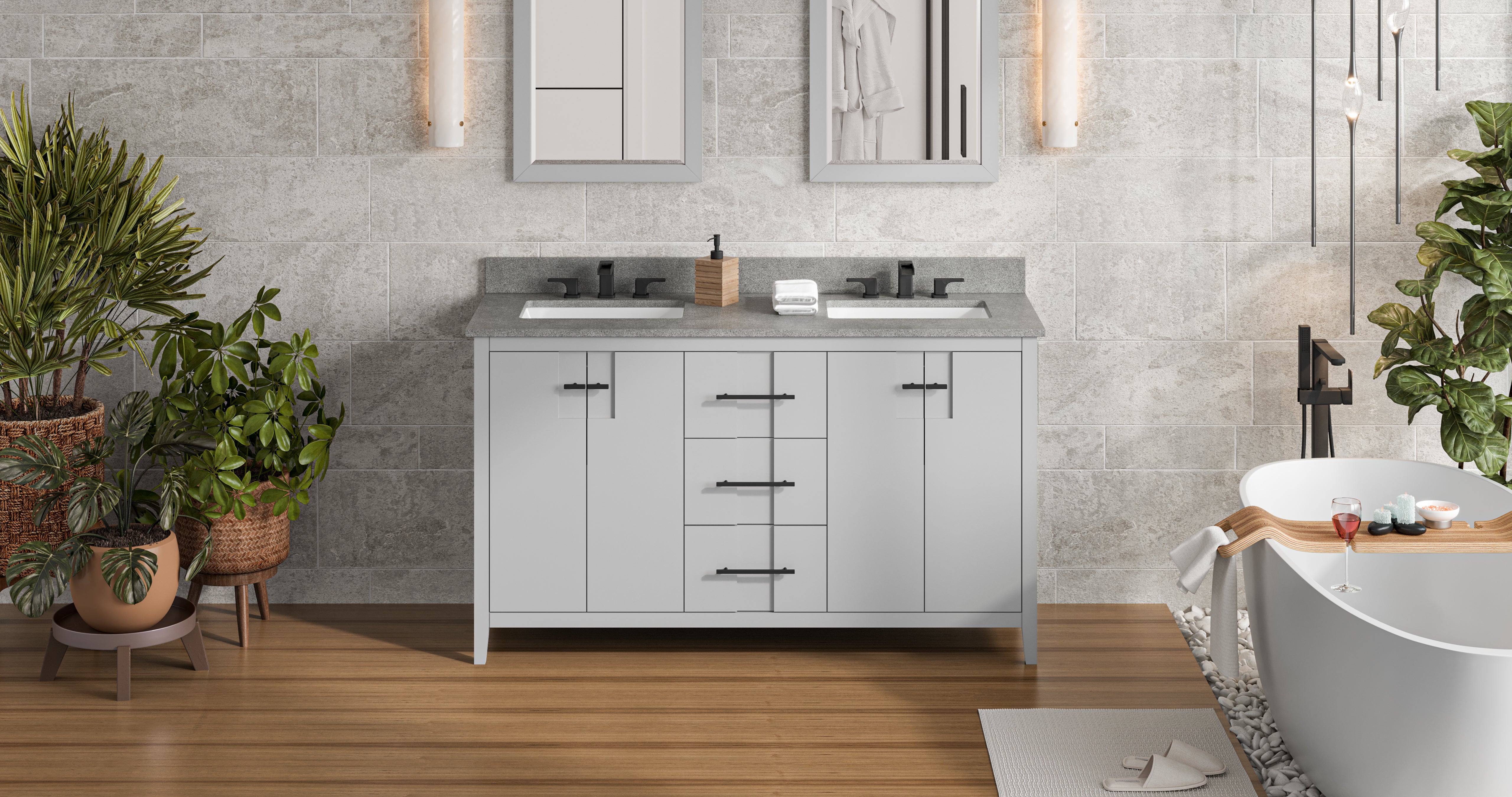 60" Grey Katara Vanity, double bowl, Steel Grey Cultured Marble Vanity Top, two undermount rectangle bowls | KitchBath