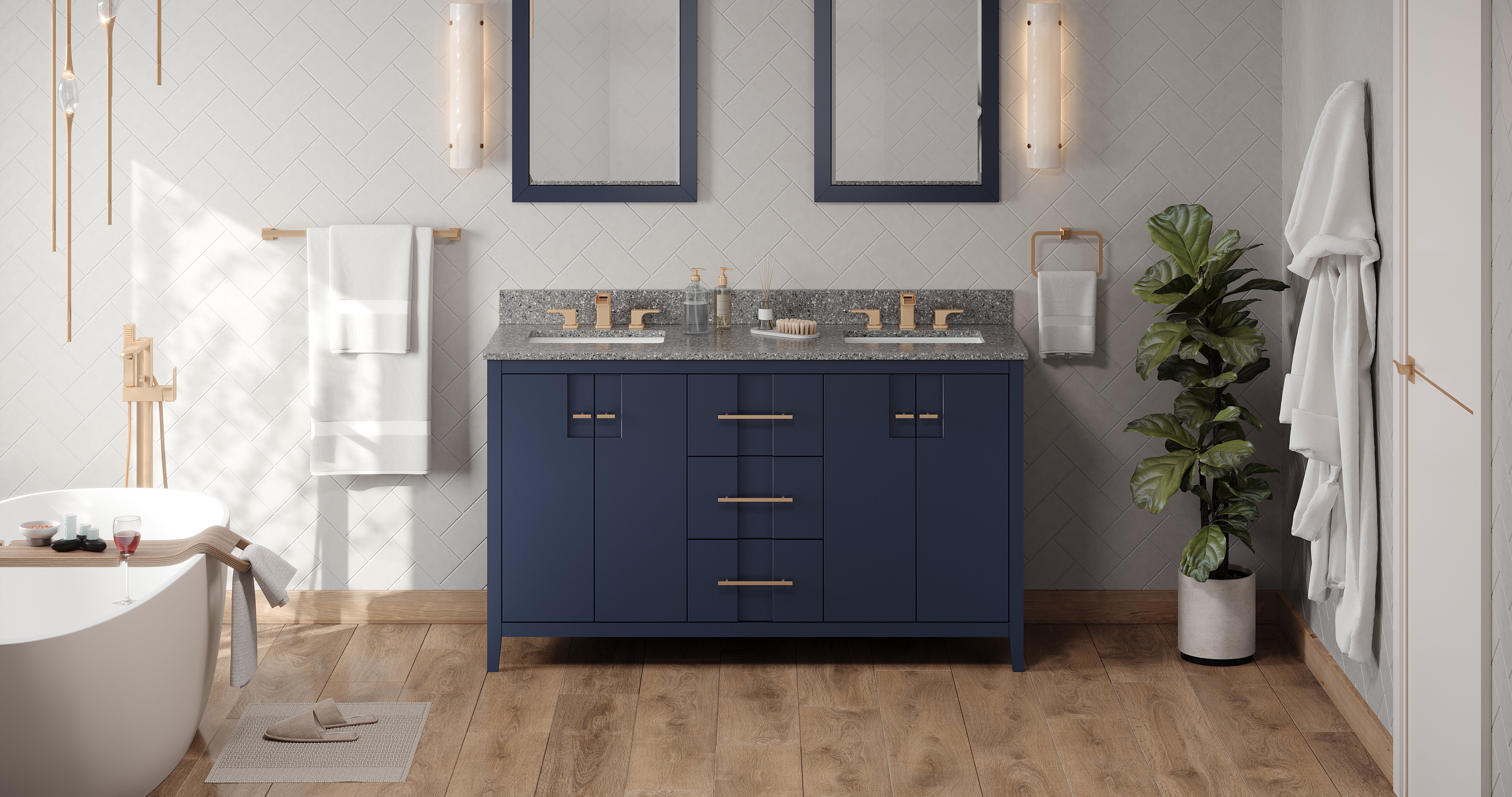 60" Hale Blue Katara Vanity, double bowl, Boulder Cultured Marble Vanity Top, two undermount rectangle bowls | KitchBath