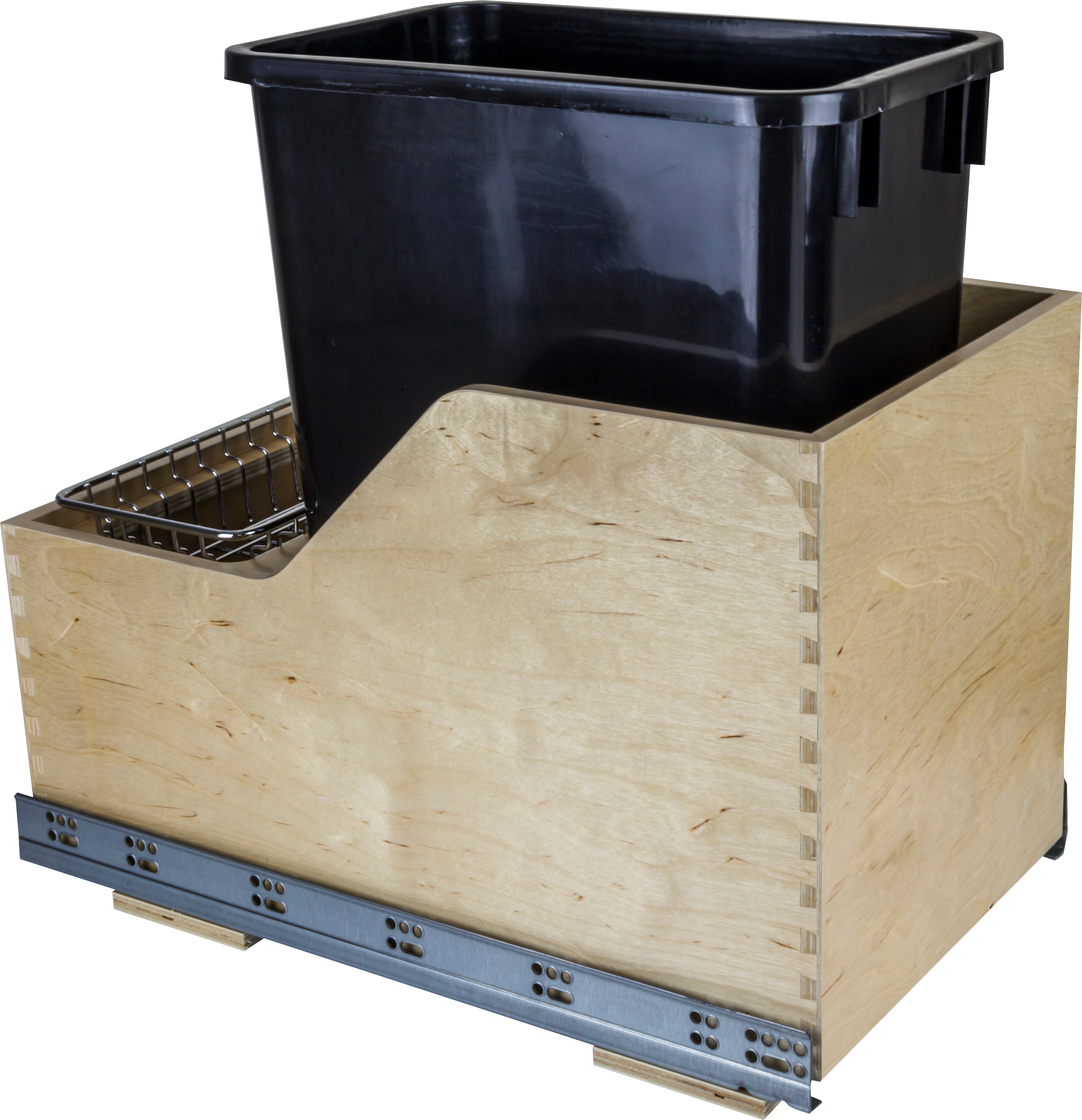 Single 50 Quart Wood Bottom-Mount Soft-close Trashcan Rollout for Hinged Doors, Includes One Black Can | KitchBath