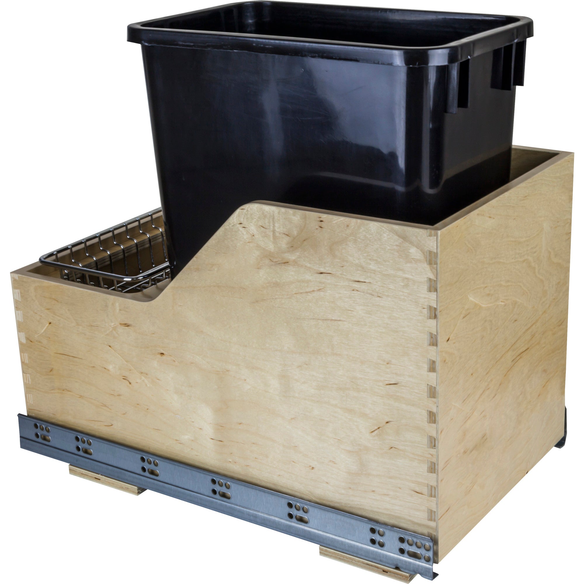 Single 50 Quart Wood Bottom-Mount Soft-close Trashcan Rollout for Hinged Doors, Includes One Black Can | KitchBath