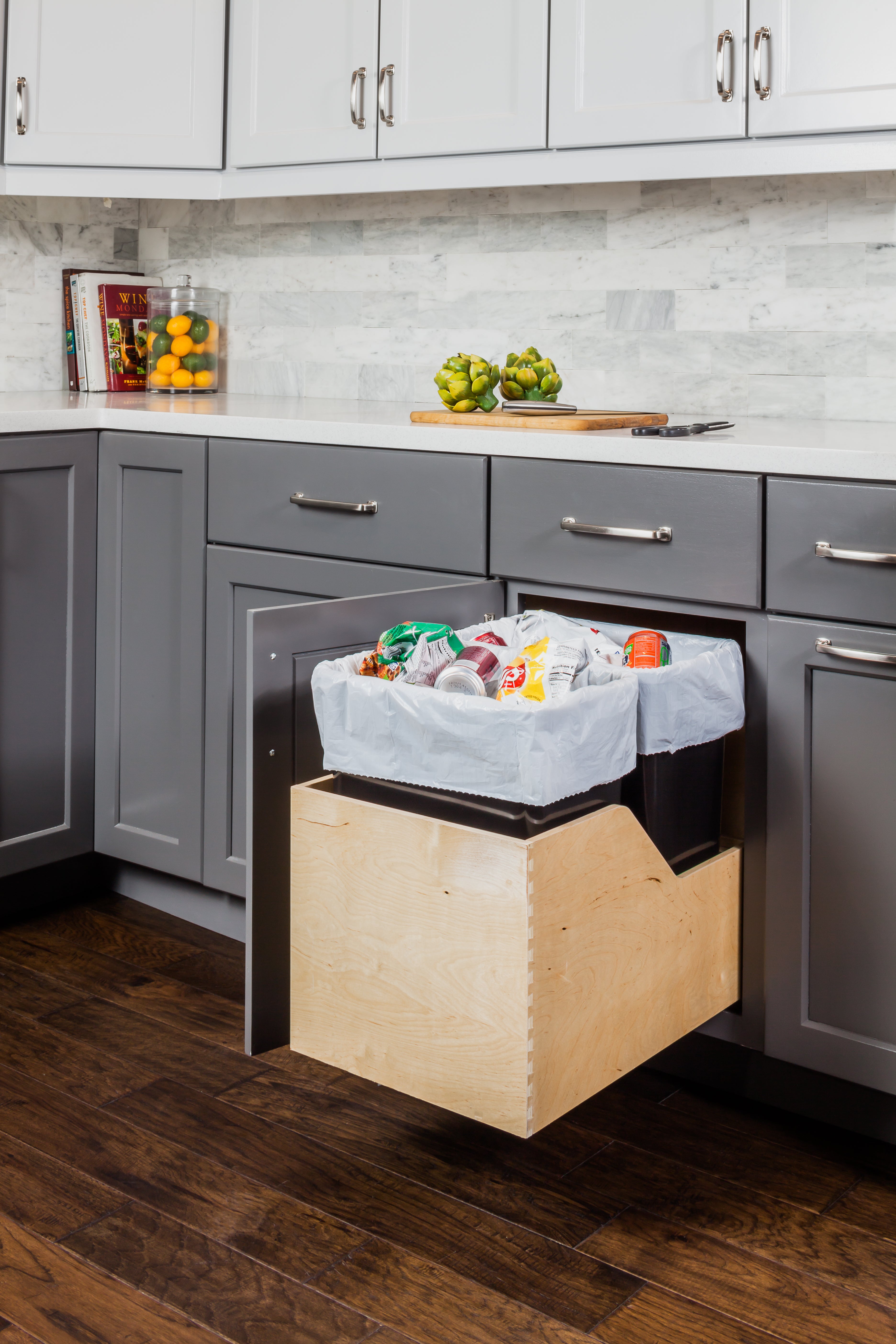 Double 35 Quart Wood Bottom-Mount Soft-close Trashcan Rollout for Hinged Doors, Includes Two Black Cans | KitchBath