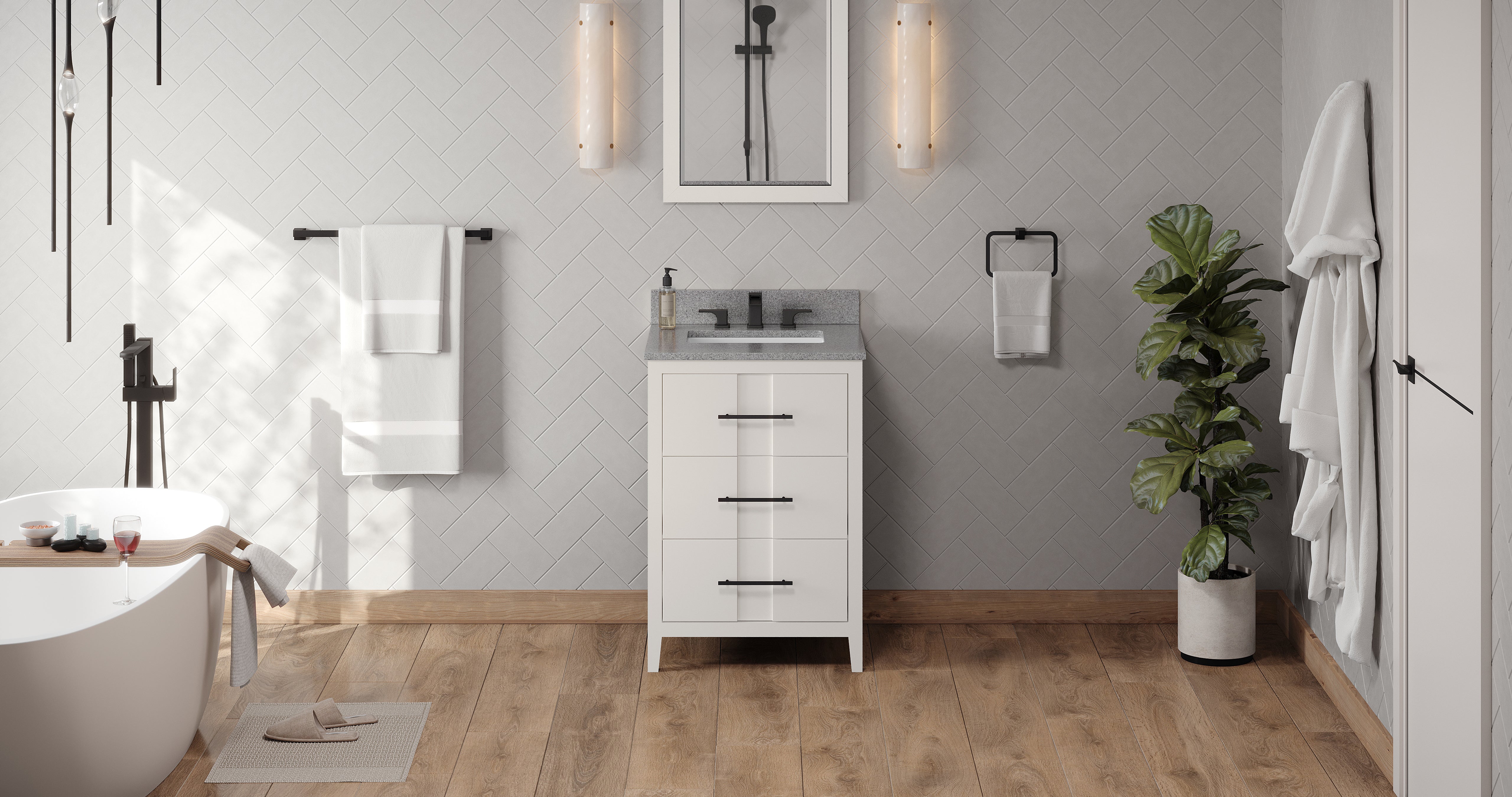 24" White Katara Vanity, Steel Grey Cultured Marble Vanity Top, undermount rectangle bowl | KitchBath