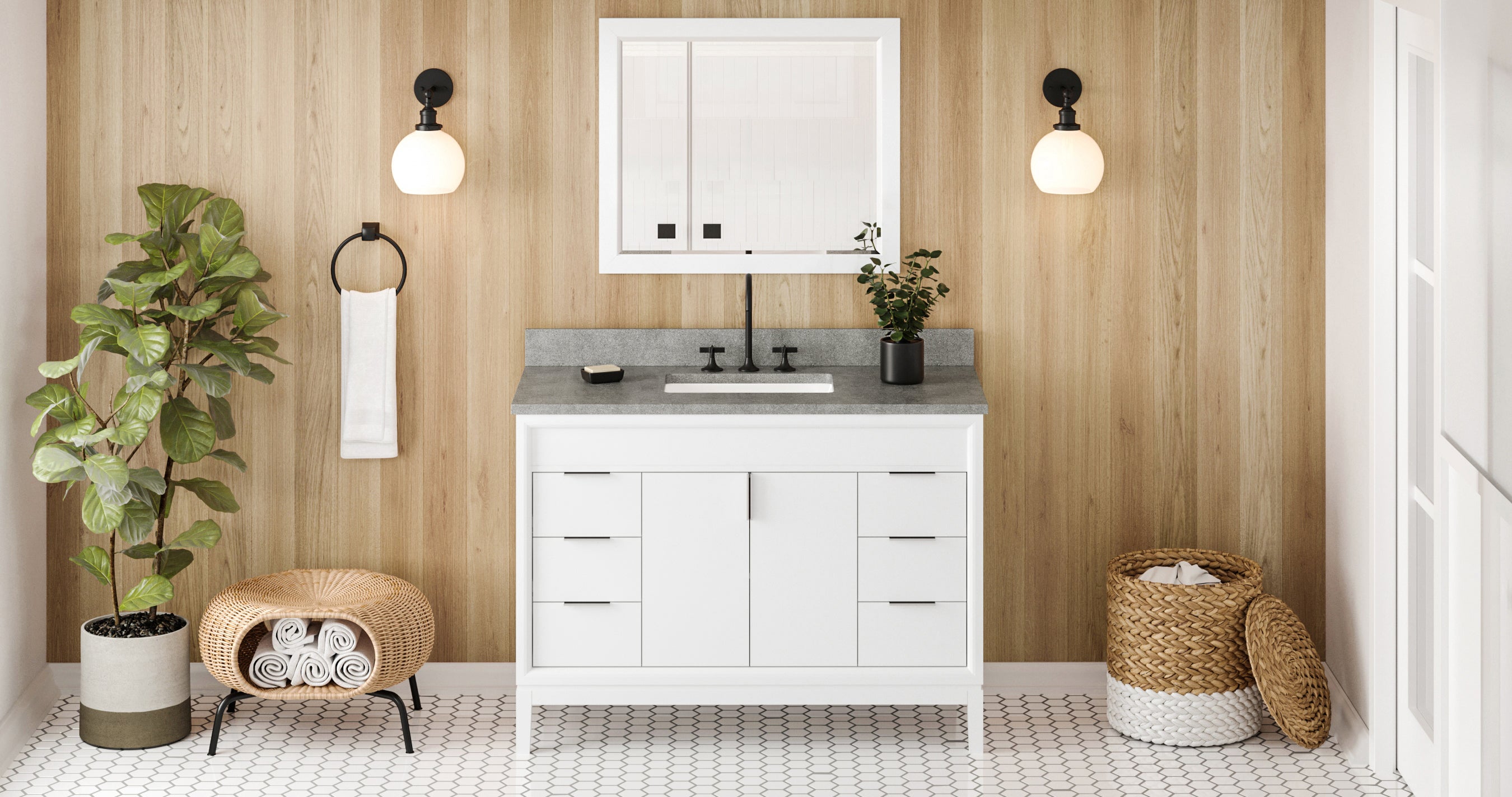 48" White Theodora Vanity, Steel Grey Cultured Marble Vanity Top, undermount rectangle bowl | KitchBath