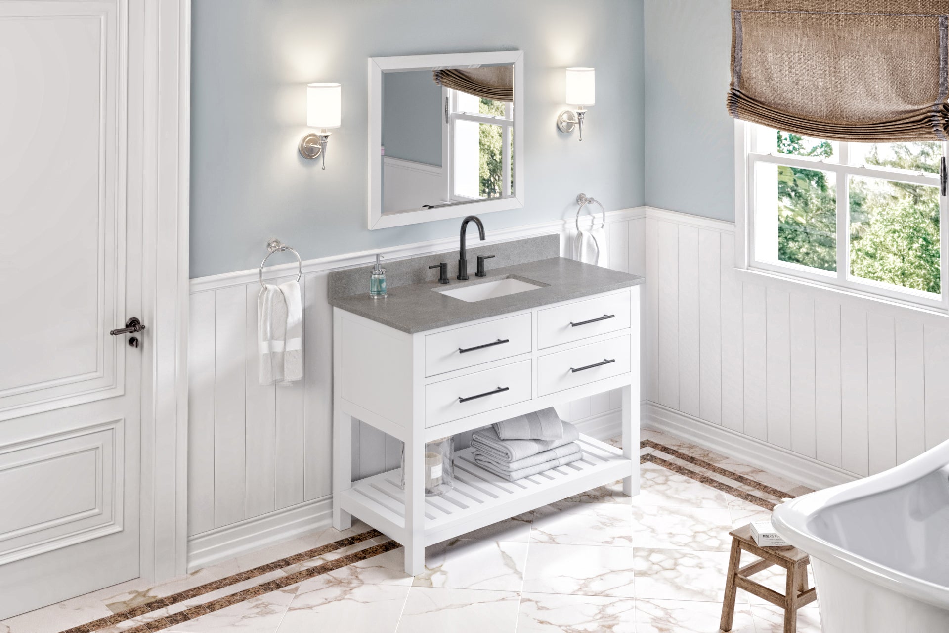 48" White Wavecrest Vanity, Steel Grey Cultured Marble Vanity Top, undermount rectangle bowl