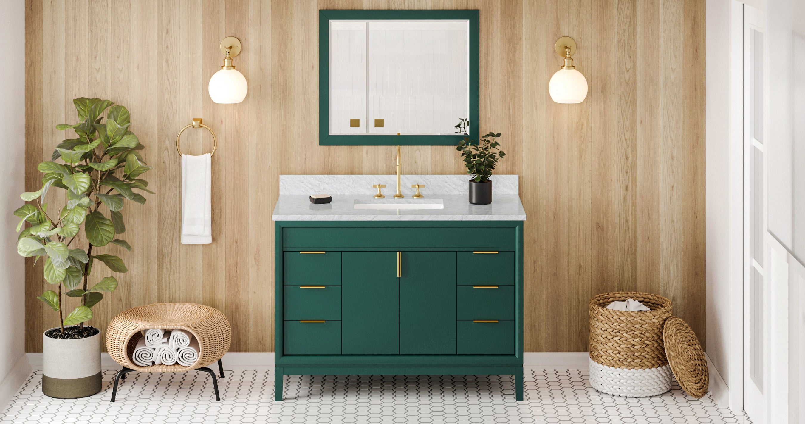 48" Forest Green Theodora Vanity, White Carrara Marble Vanity Top, undermount rectangle bowl | KitchBath