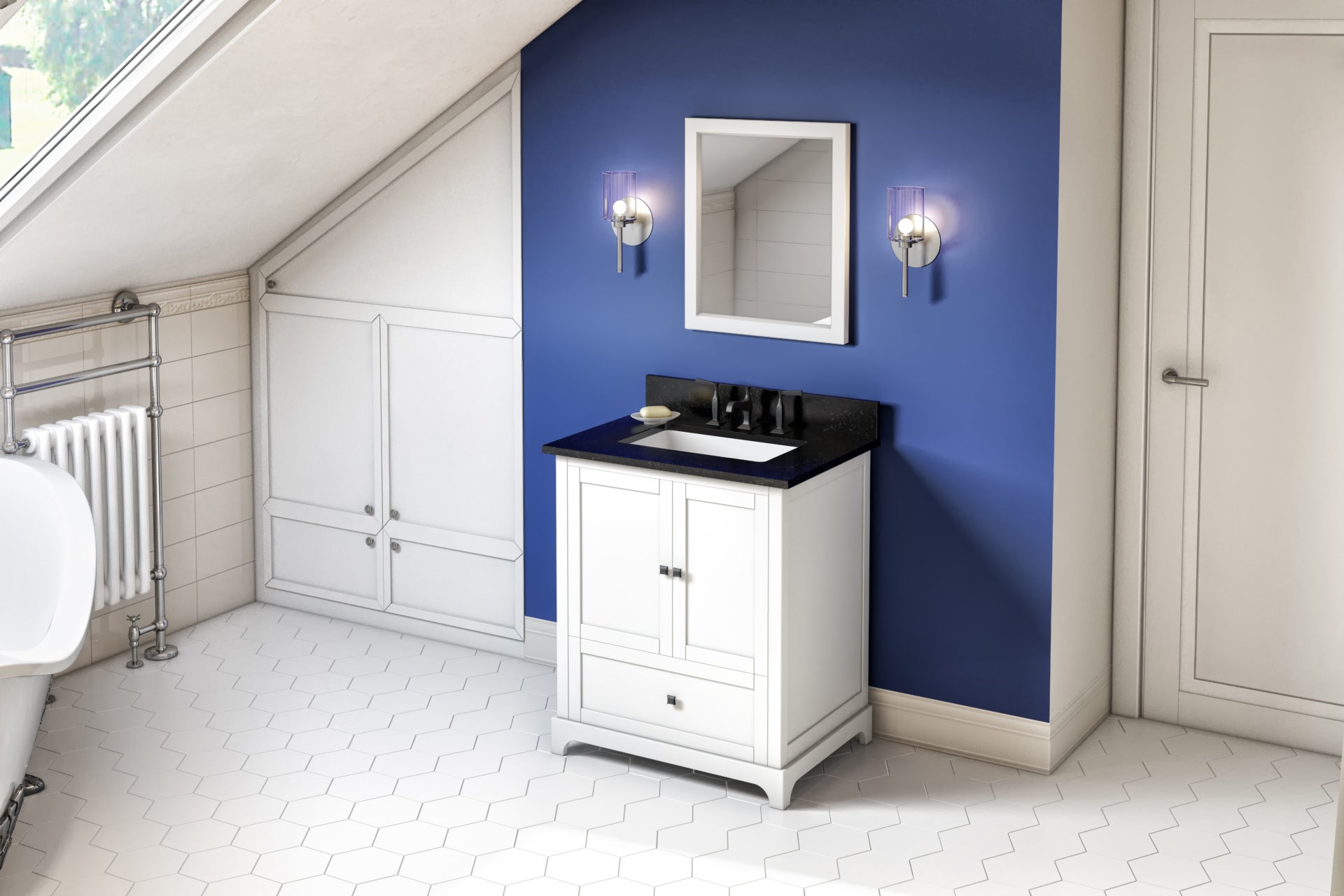 30" White Addington Vanity, Black Granite Vanity Top, undermount rectangle bowl