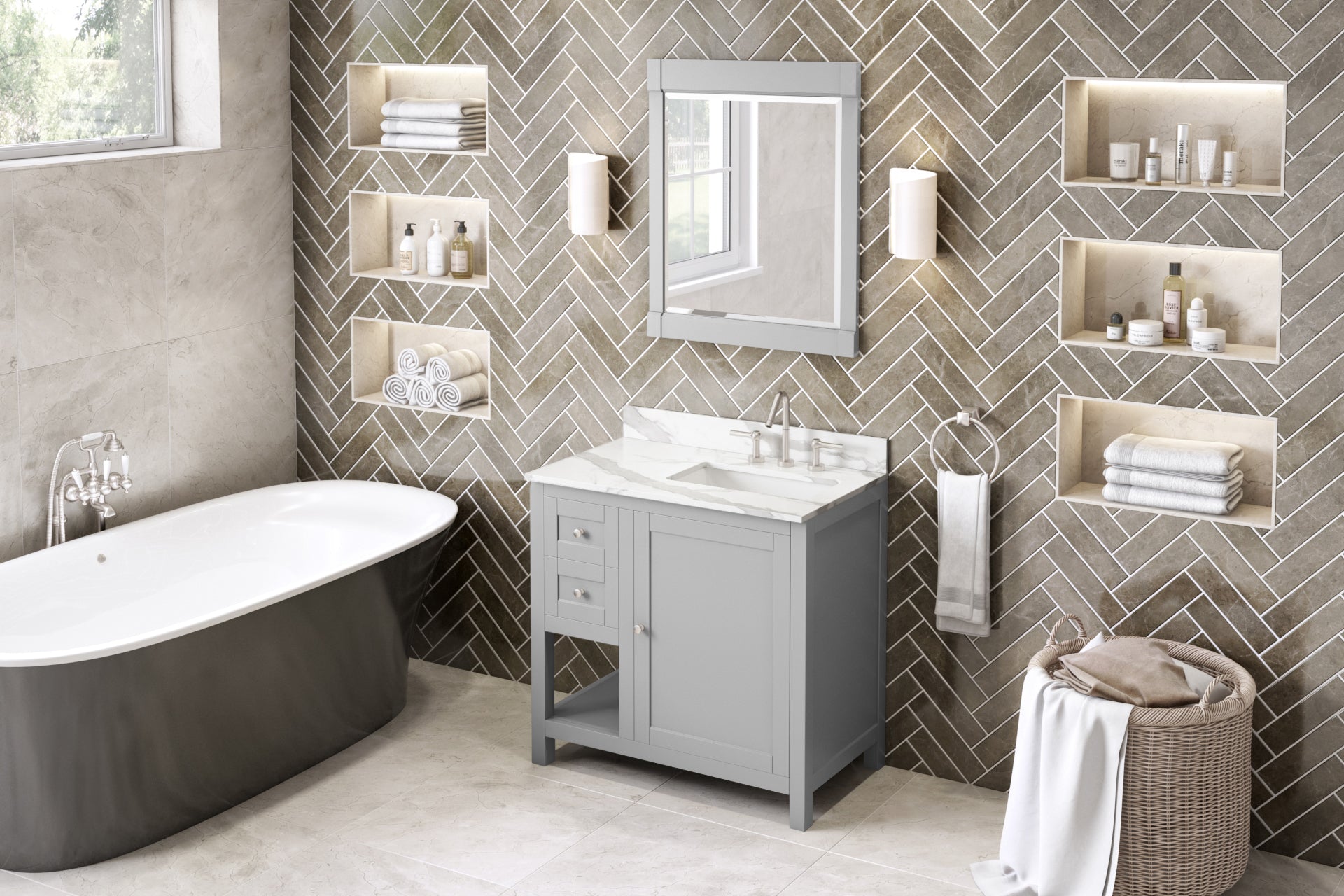 36" Grey Astoria Vanity, right offset, Calacatta Vienna Quartz Vanity Top, undermount rectangle bowl