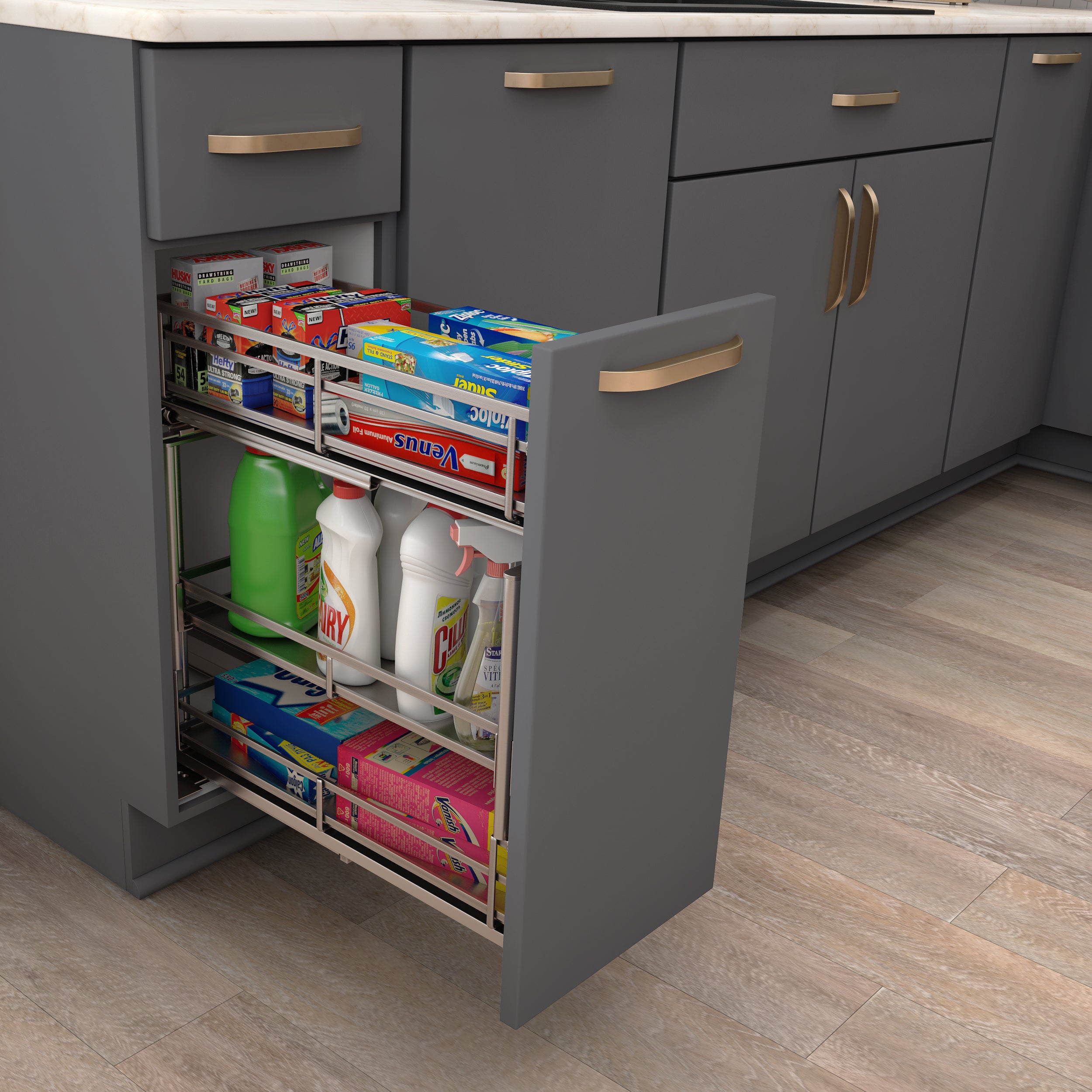 5" Polished Chrome STORAGE WITH STYLE® Metal "No Wiggle" Under Drawer Soft-close Base Pullout | KitchBath