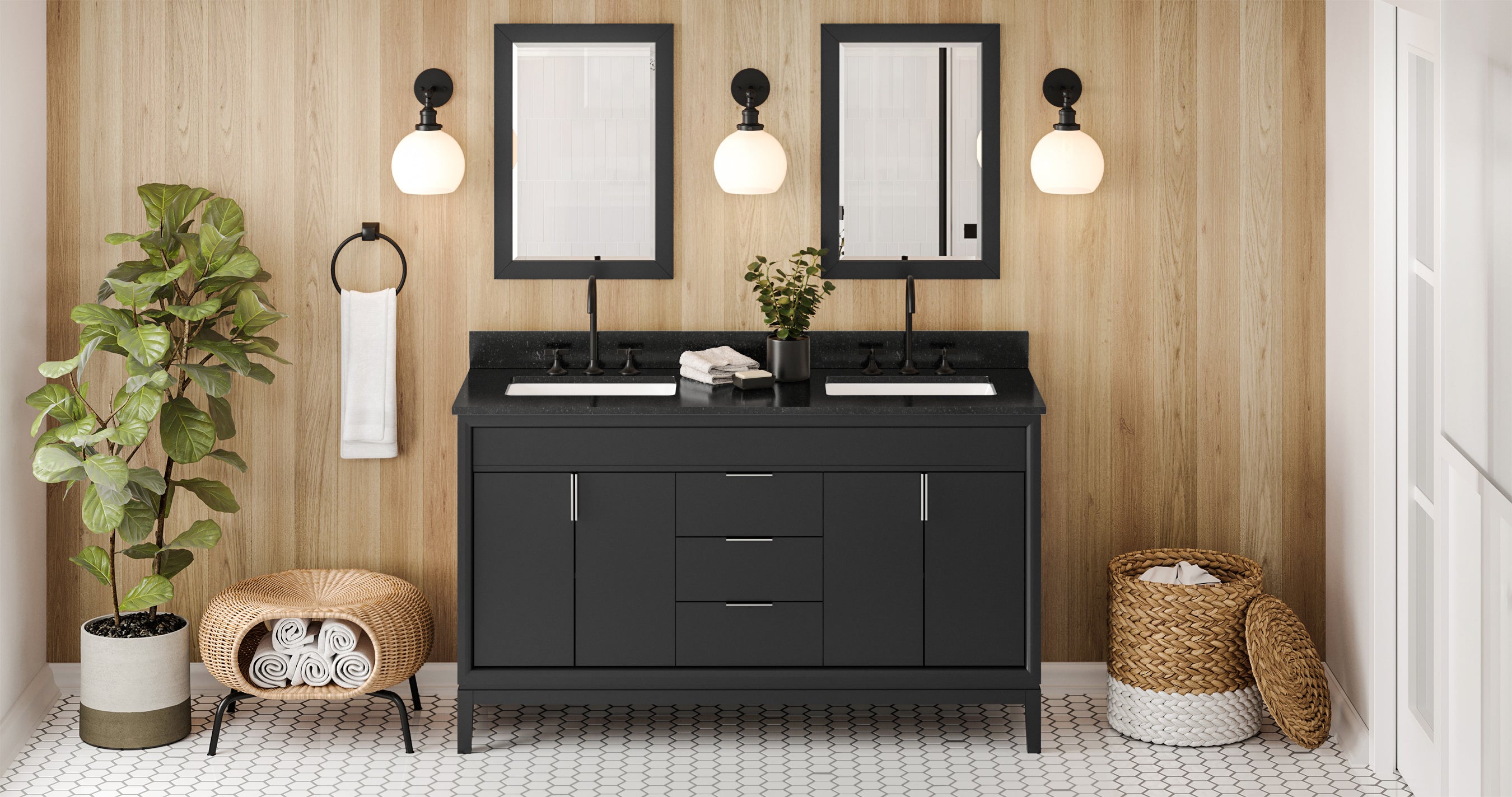 60" Black Theodora Vanity, double bowl, Black Granite Vanity Top, two undermount rectangle bowls | KitchBath