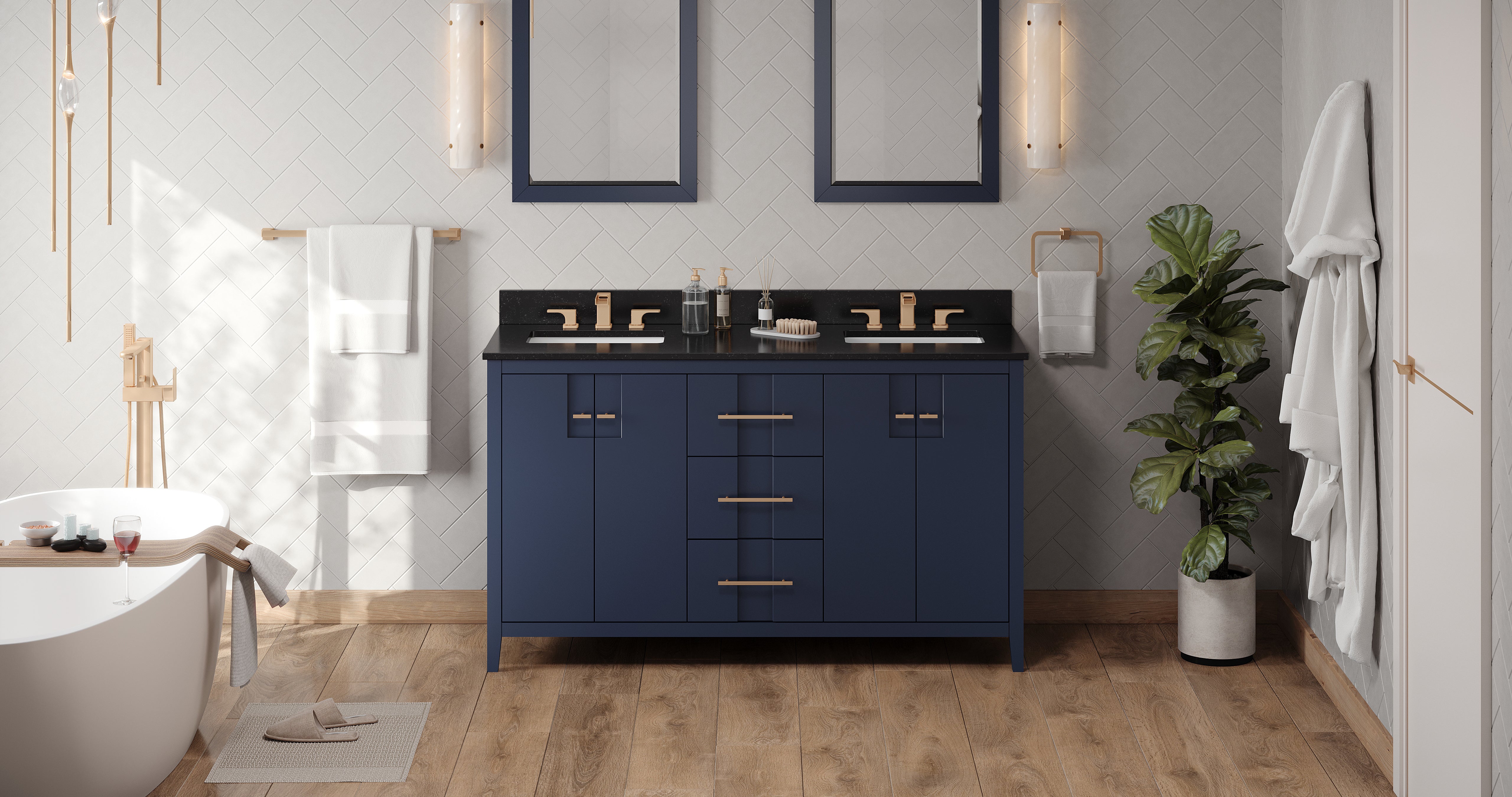 60" Hale Blue Katara Vanity, double bowl, Black Granite Vanity Top, two undermount rectangle bowls | KitchBath