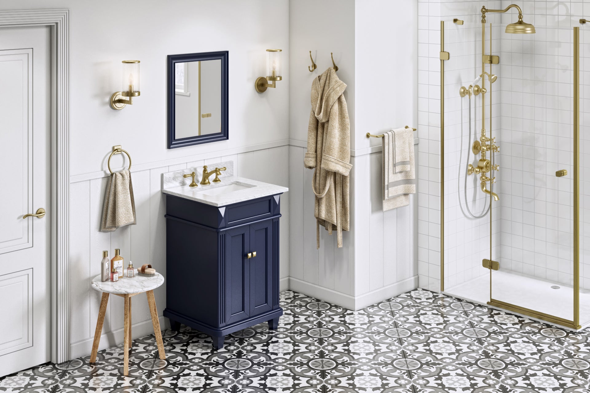 24" Hale Blue Douglas Vanity, White Carrara Marble Vanity Top, undermount rectangle bowl