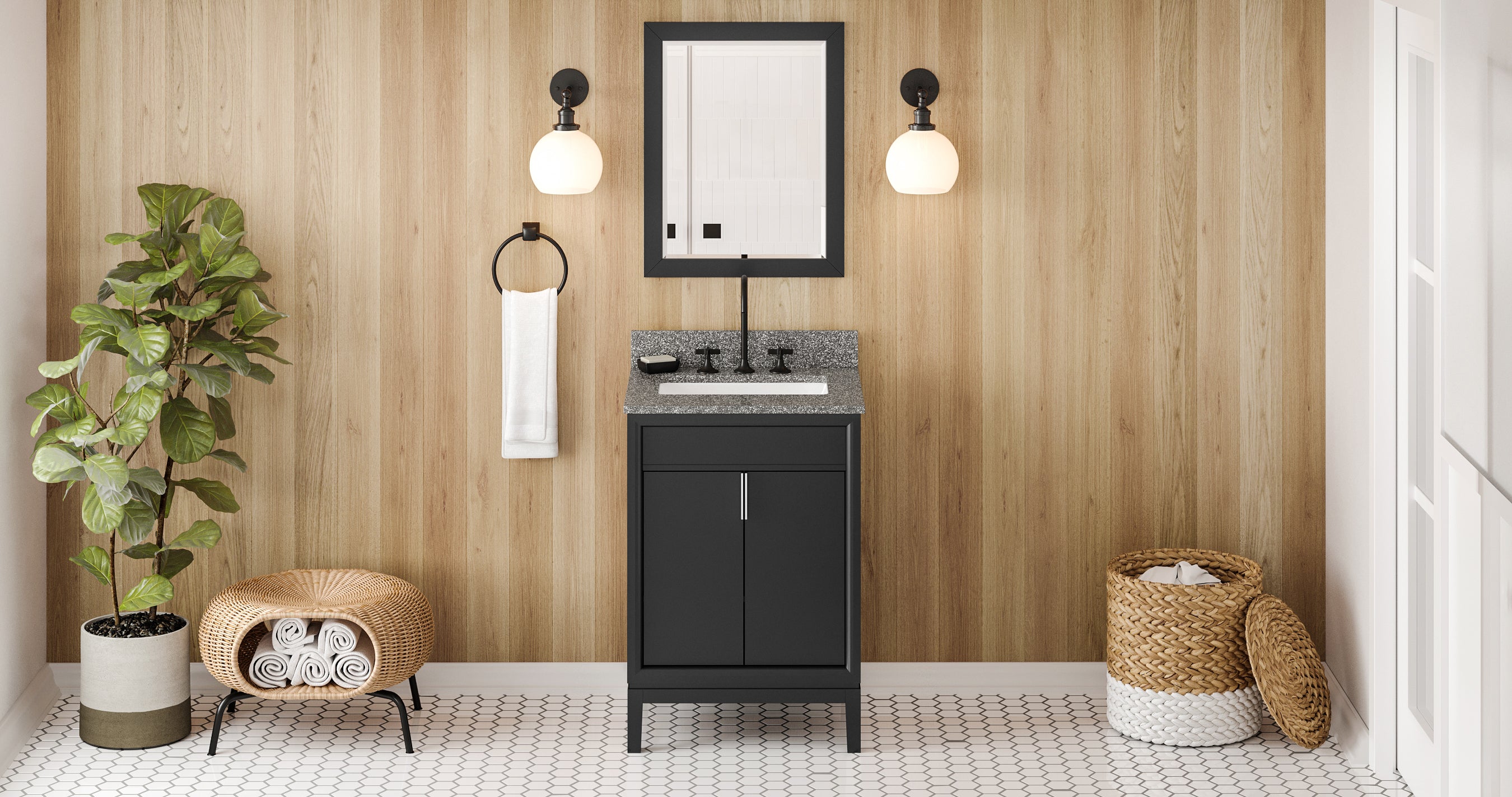 24" Black Theodora Vanity, Boulder Cultured Marble Vanity Top, undermount rectangle bowl | KitchBath