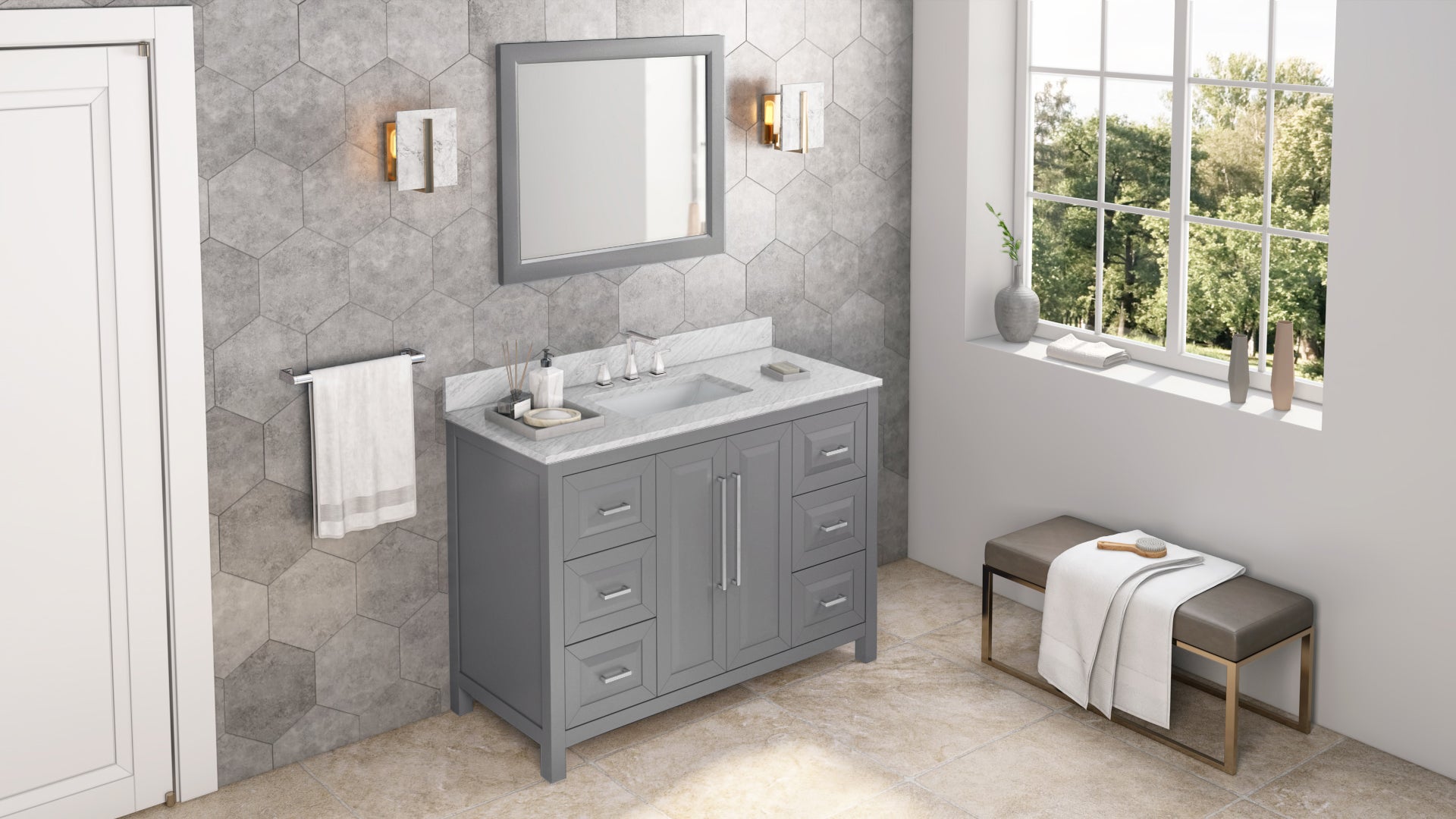 48" Grey Cade Vanity, White Carrara Marble Vanity Top, undermount rectangle bowl | KitchBath