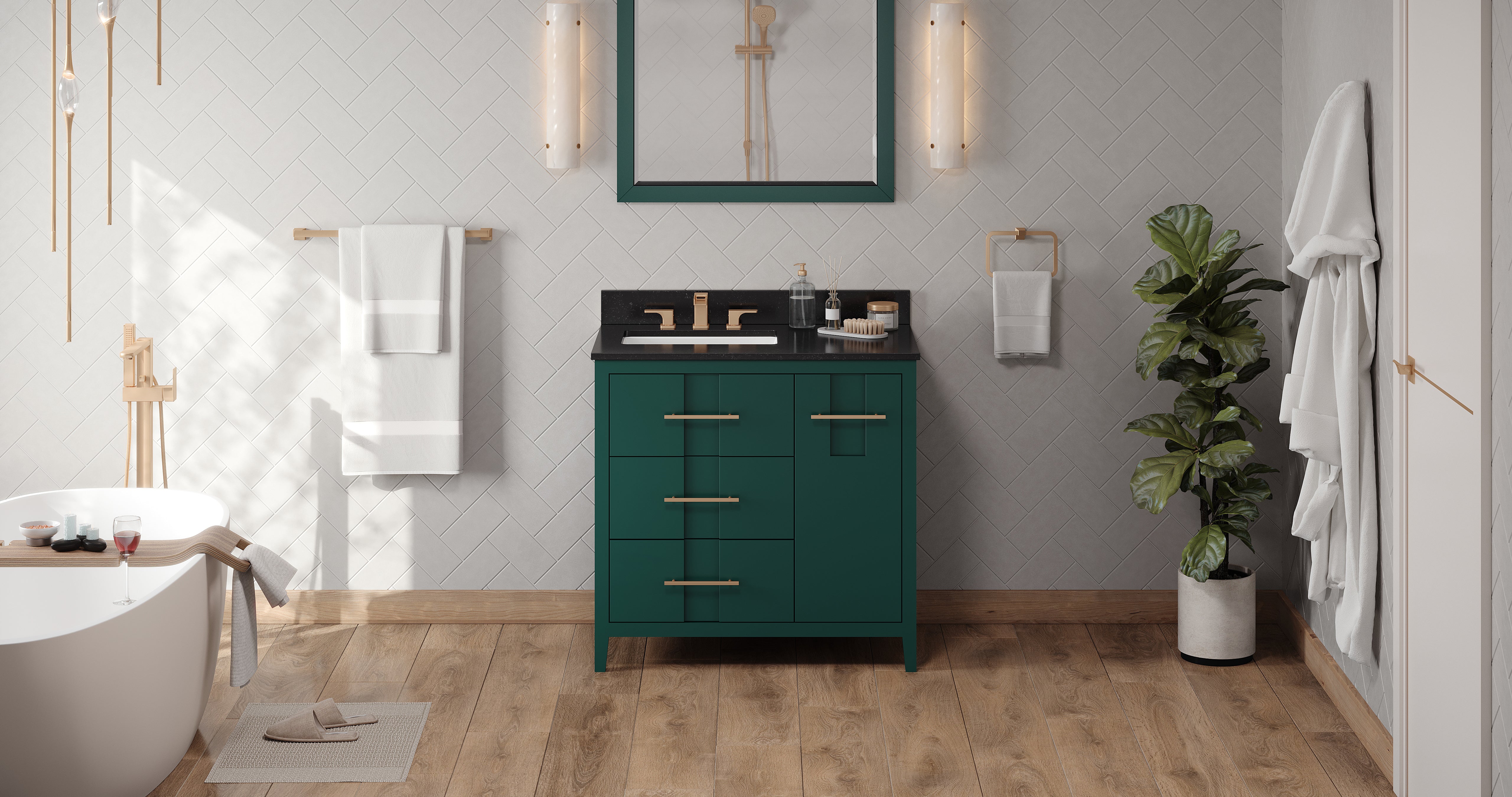 36" Forest Green Katara Vanity, left offset, Black Granite Vanity Top, undermount rectangle bowl | KitchBath