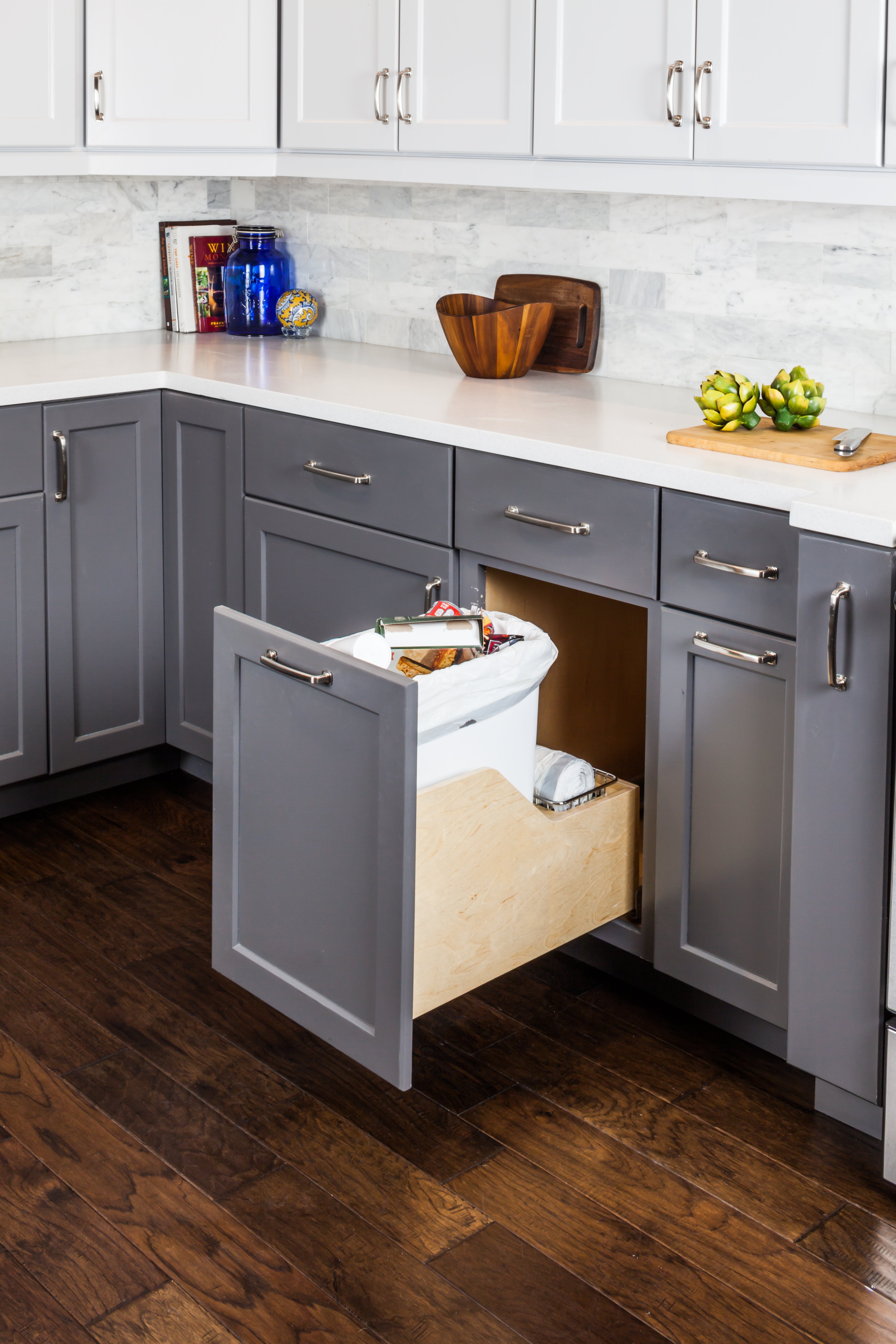 Single 35 Quart Wood Bottom-Mount Soft-close Trashcan Rollout for Door Mounting, Includes One White Can | KitchBath