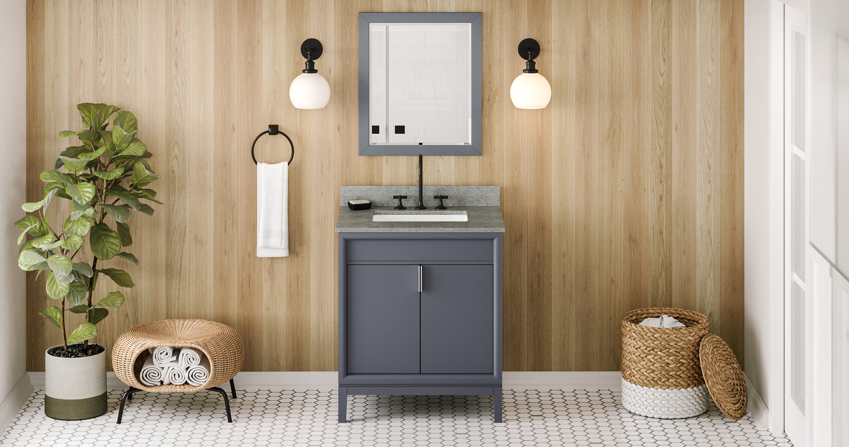 30" Blue Steel Theodora Vanity, Steel Grey Cultured Marble Vanity Top, undermount rectangle bowl | KitchBath