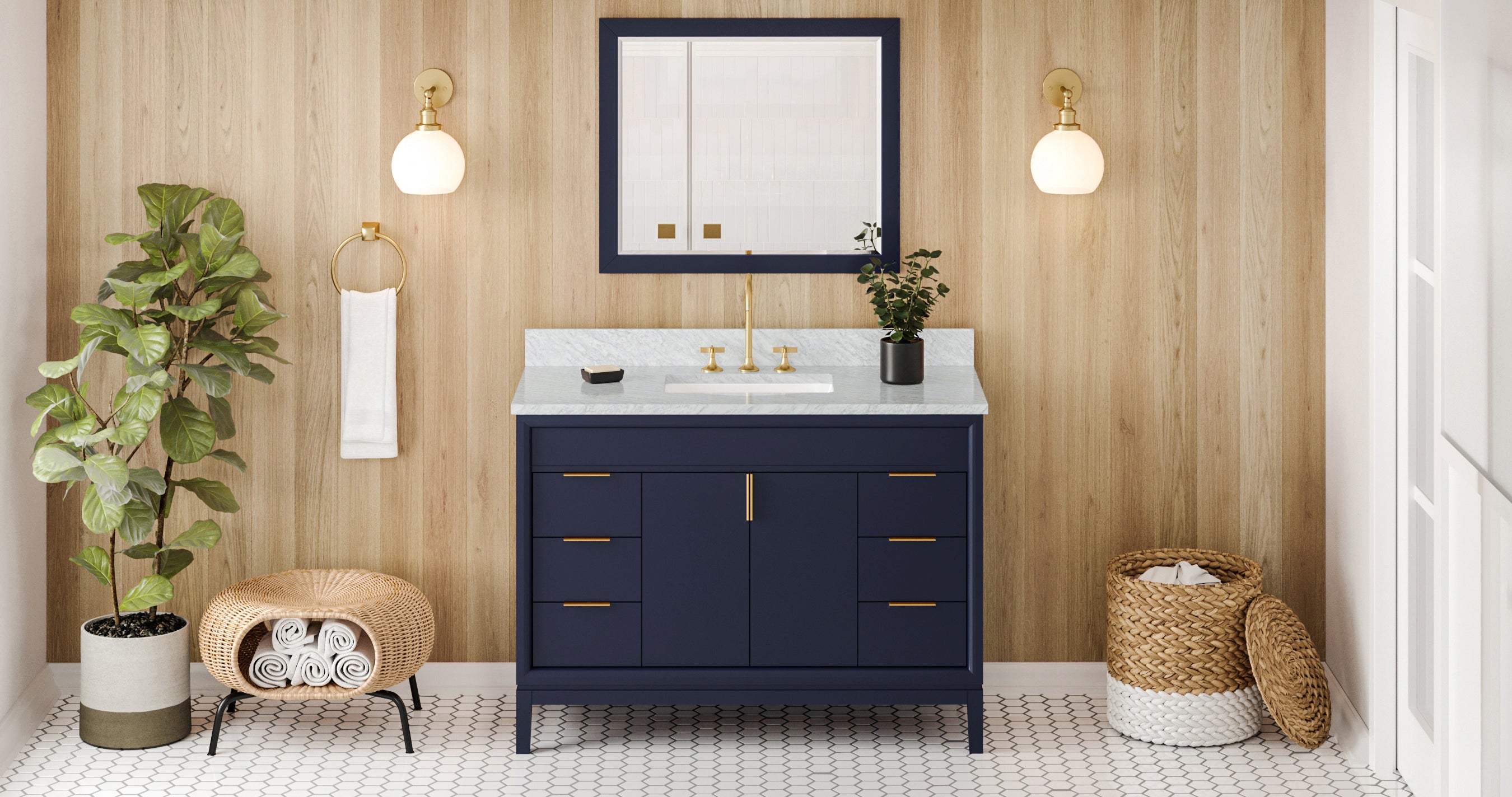 48" Hale Blue Theodora Vanity, White Carrara Marble Vanity Top, undermount rectangle bowl | KitchBath