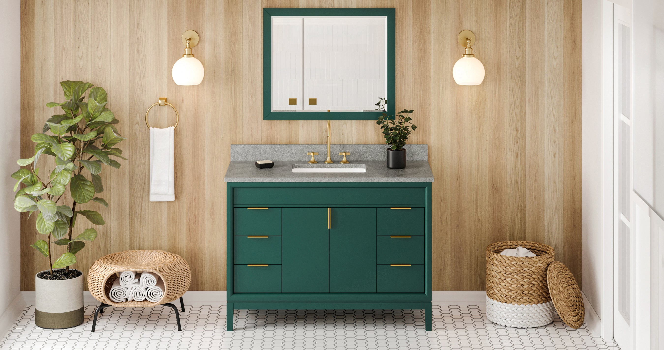 48" Forest Green Theodora Vanity, Steel Grey Cultured Marble Vanity Top, undermount rectangle bowl | KitchBath