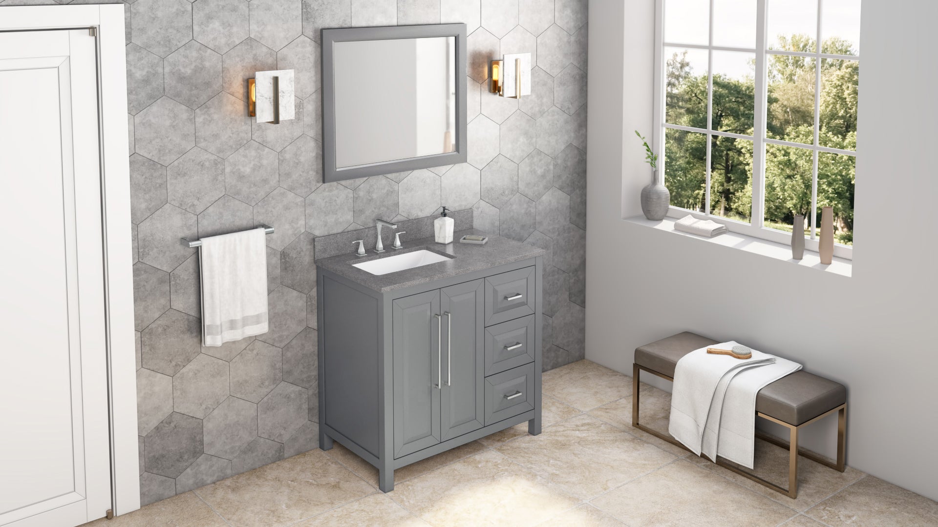36" Grey Cade Vanity, left offset, Steel Grey Cultured Marble Vanity Top, undermount rectangle bowl