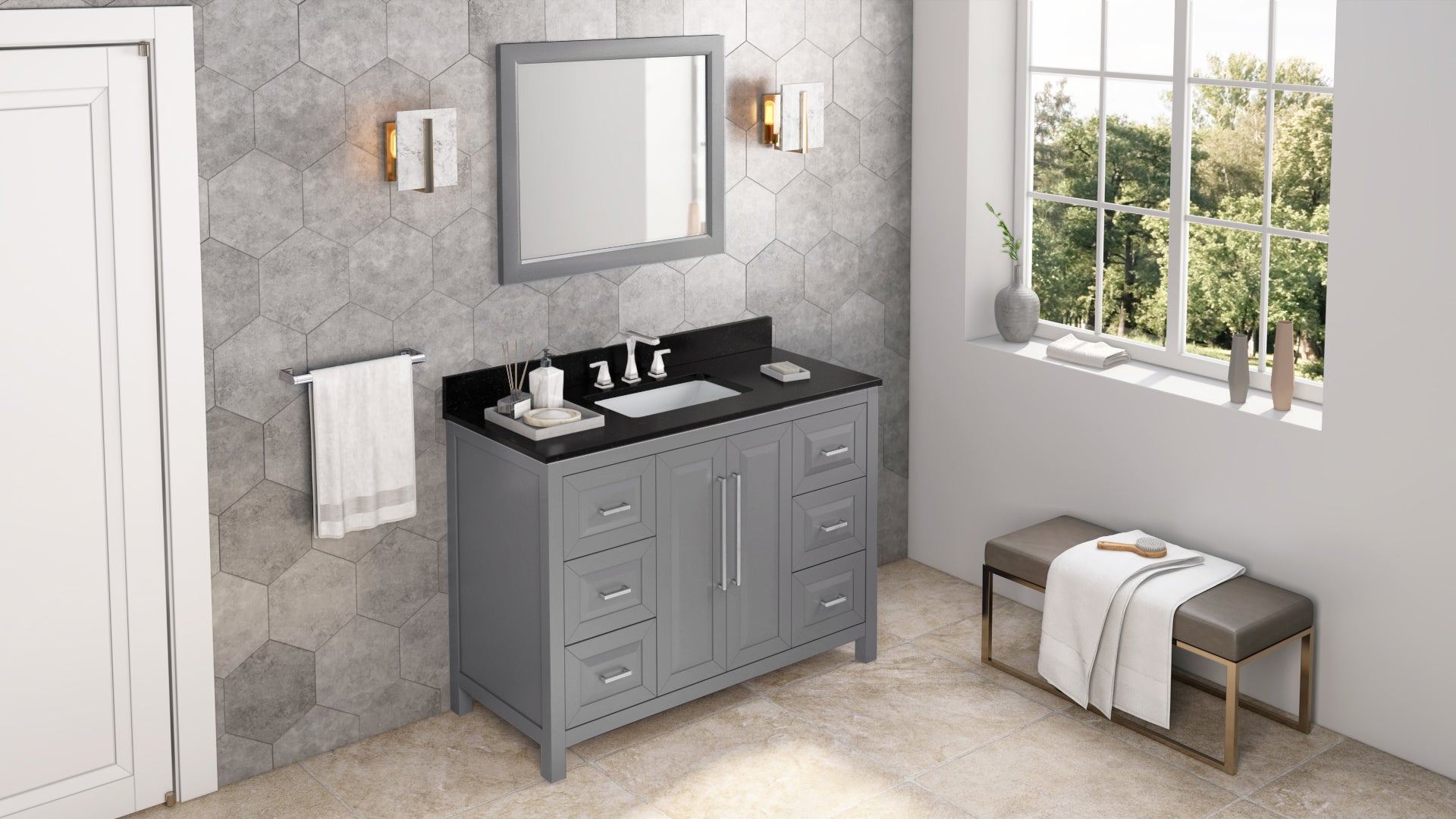 48" Grey Cade Vanity, Black Granite Vanity Top, undermount rectangle bowl | KitchBath