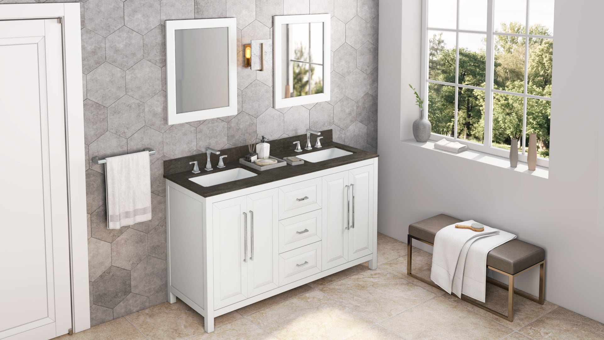 60" White Cade Vanity, double bowl | KitchBath