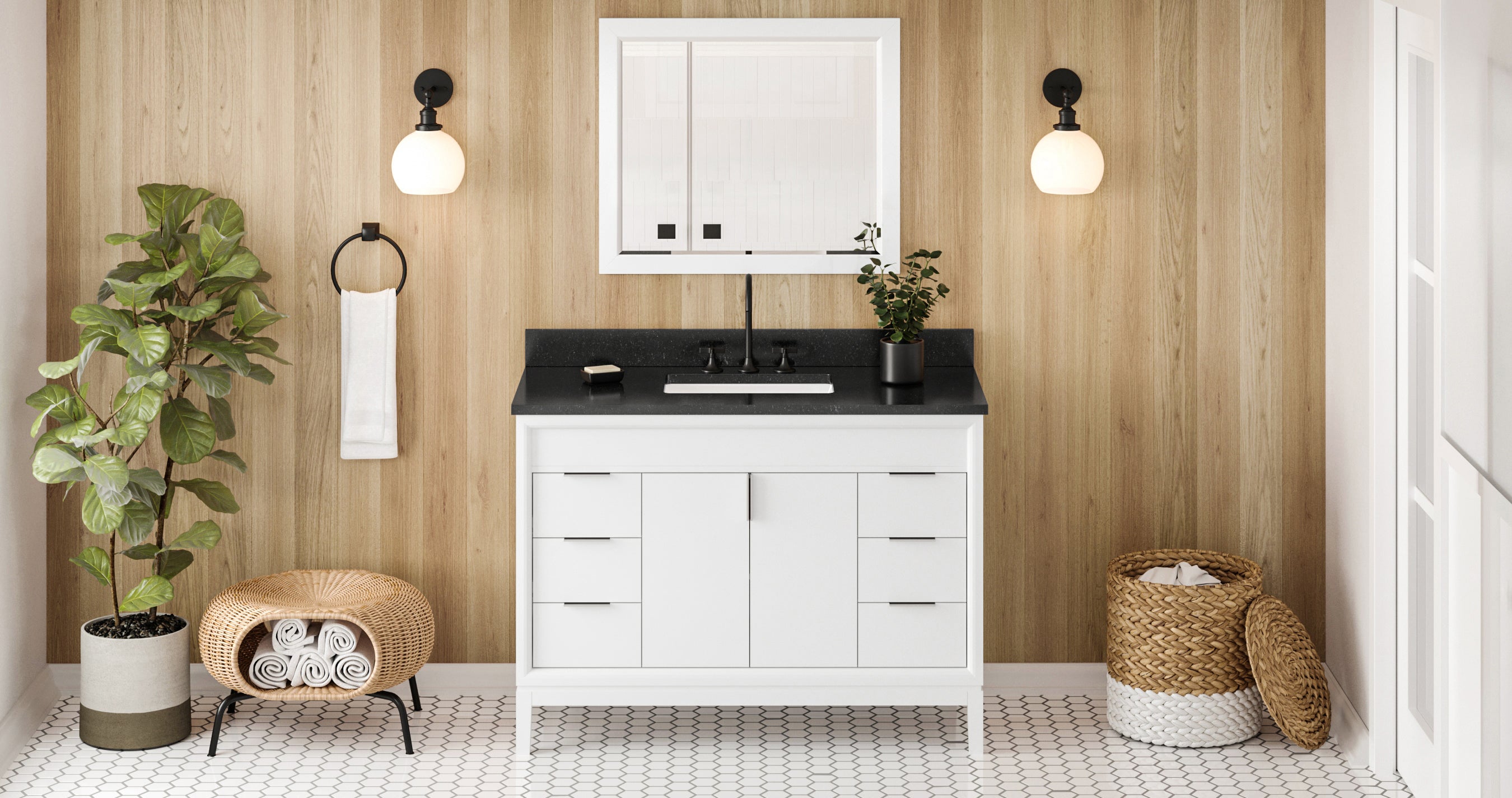 48" White Theodora Vanity, Black Granite Vanity Top, undermount rectangle bowl | KitchBath