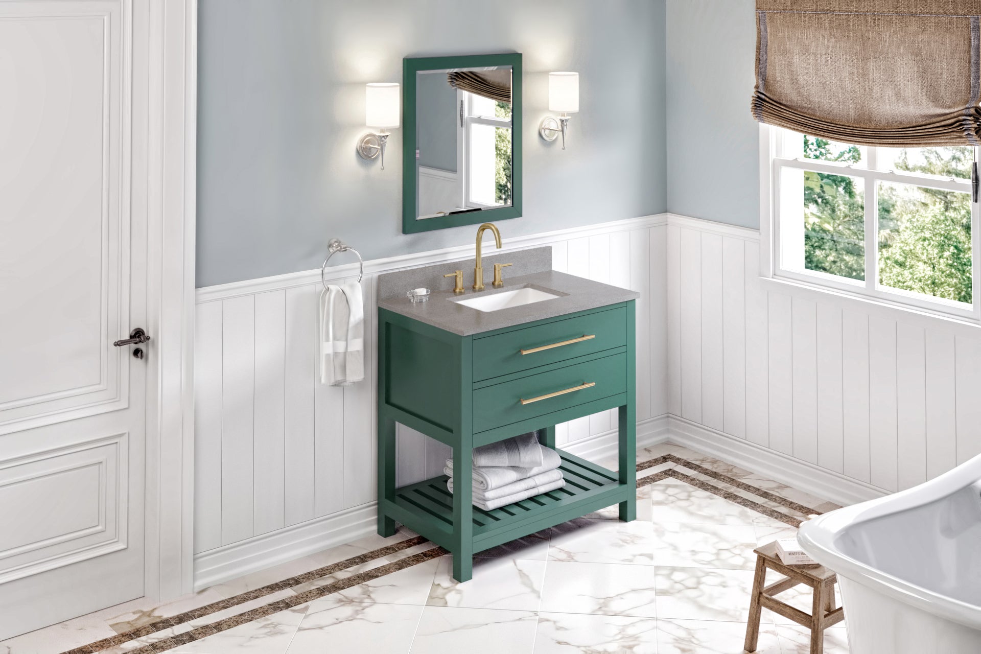 36" Forest Green Wavecrest Vanity, Steel Grey Cultured Marble Vanity Top, undermount rectangle bowl
