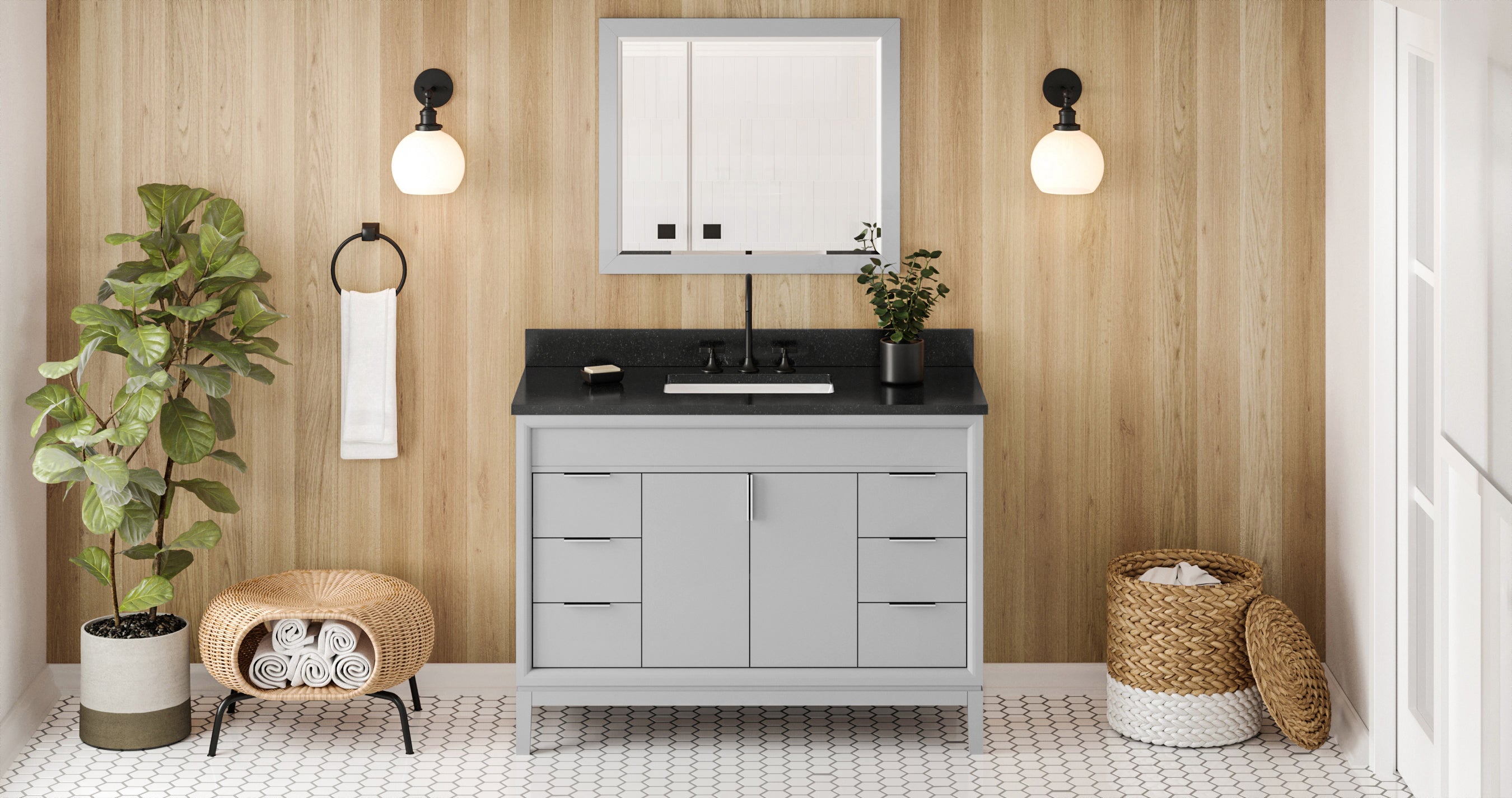 48" Grey Theodora Vanity, Black Granite Vanity Top, undermount rectangle bowl | KitchBath