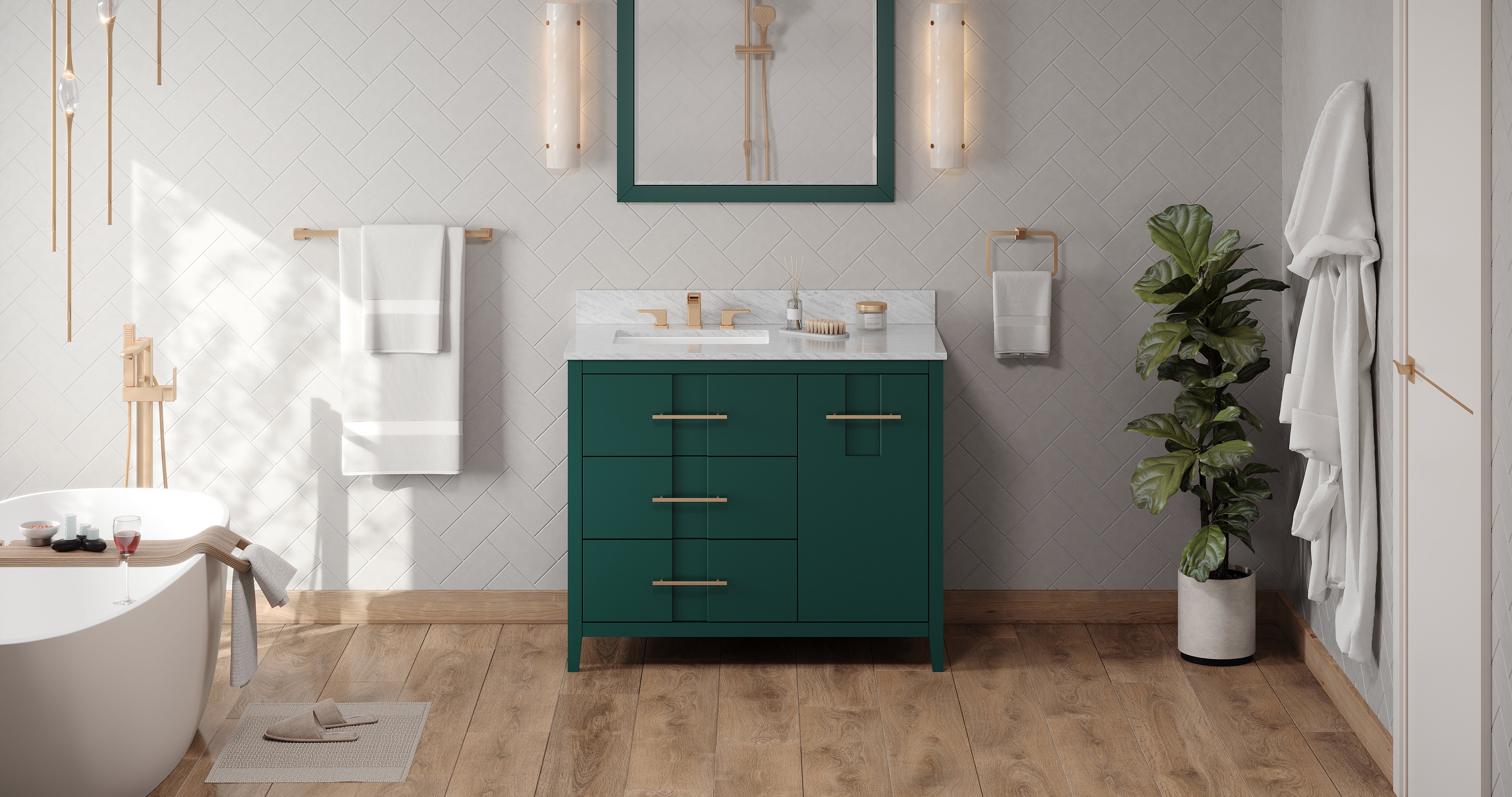 42" Forest Green Katara Vanity, left offset | KitchBath