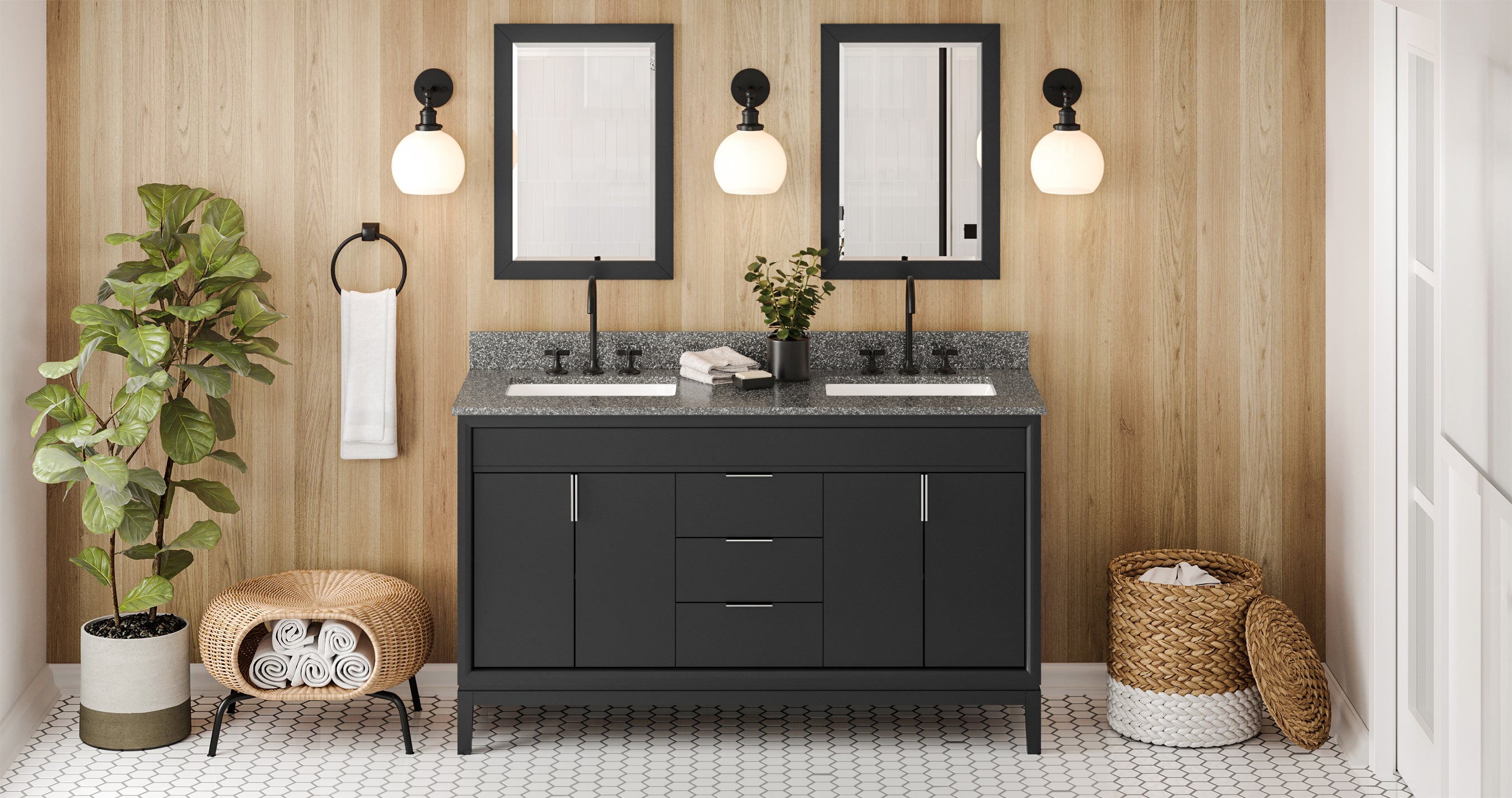 60" Black Theodora Vanity, double bowl, Boulder Cultured Marble Vanity Top, two undermount rectangle bowls | KitchBath