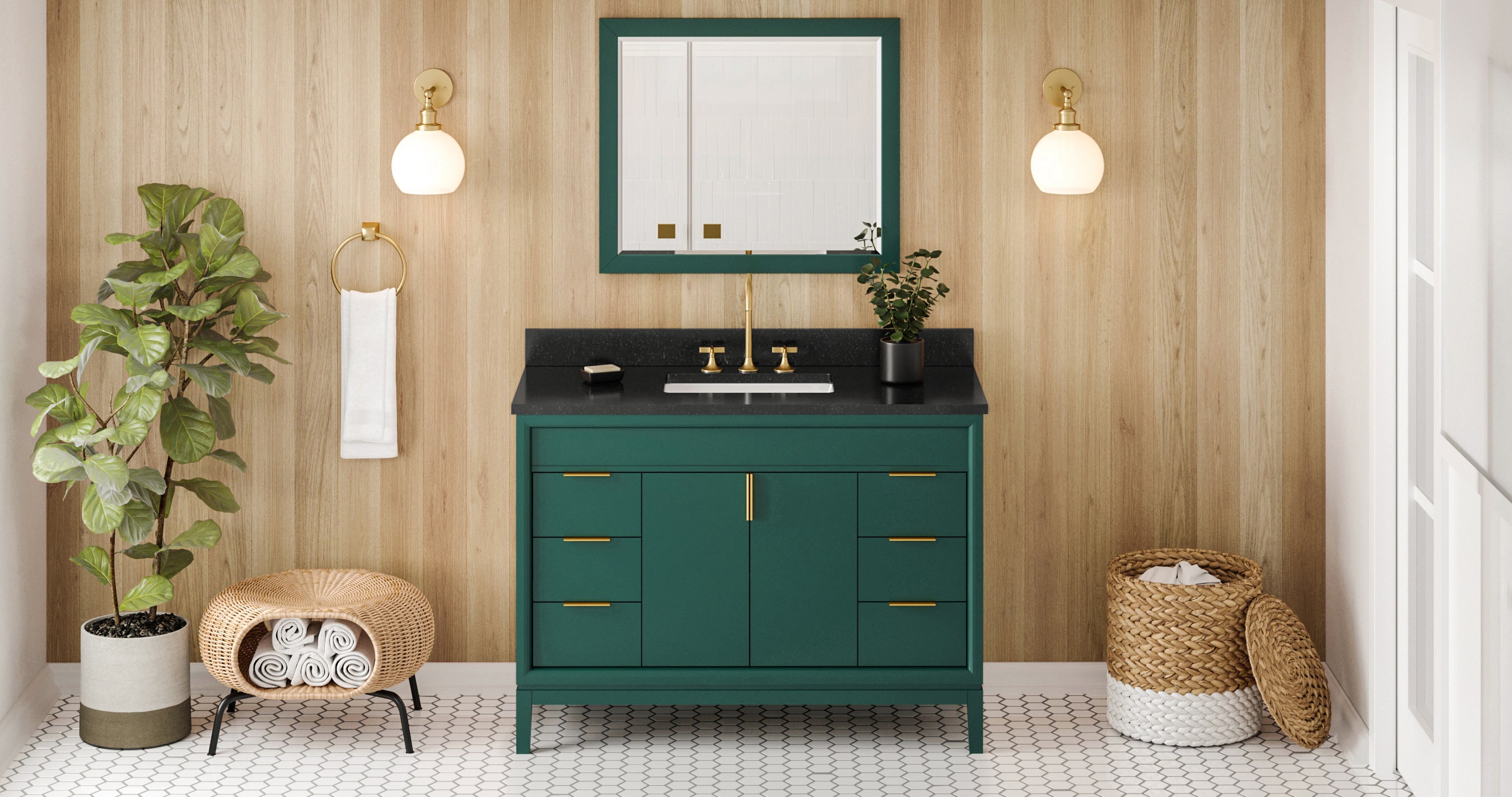48" Forest Green Theodora Vanity, Black Granite Vanity Top, undermount rectangle bowl | KitchBath