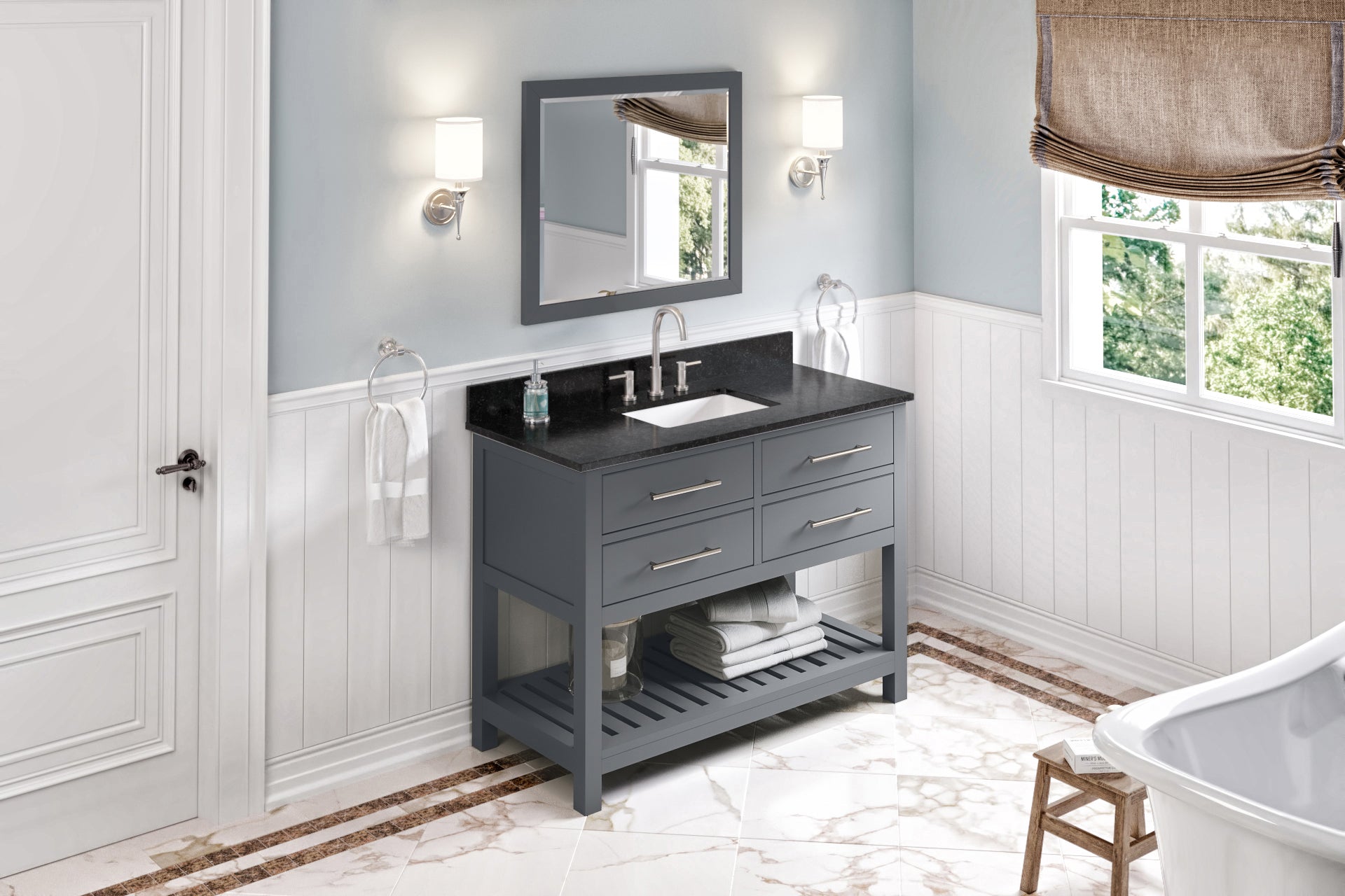48" Grey Wavecrest Vanity, Black Granite Vanity Top, undermount rectangle bowl