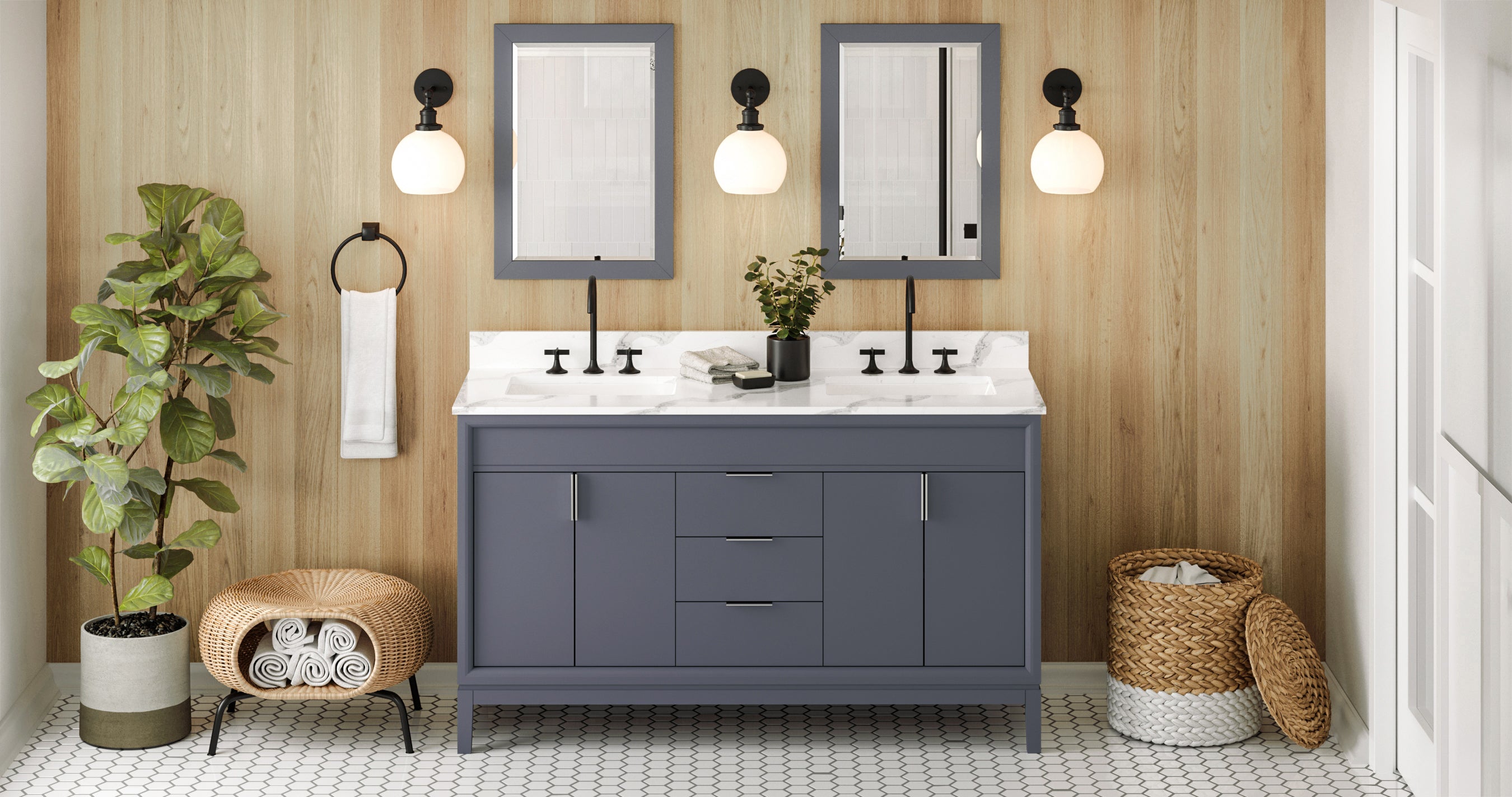 60" Blue Steel Theodora Vanity, double bowl, Calacatta Vienna Quartz Vanity Top, two undermount rectangle bowls | KitchBath