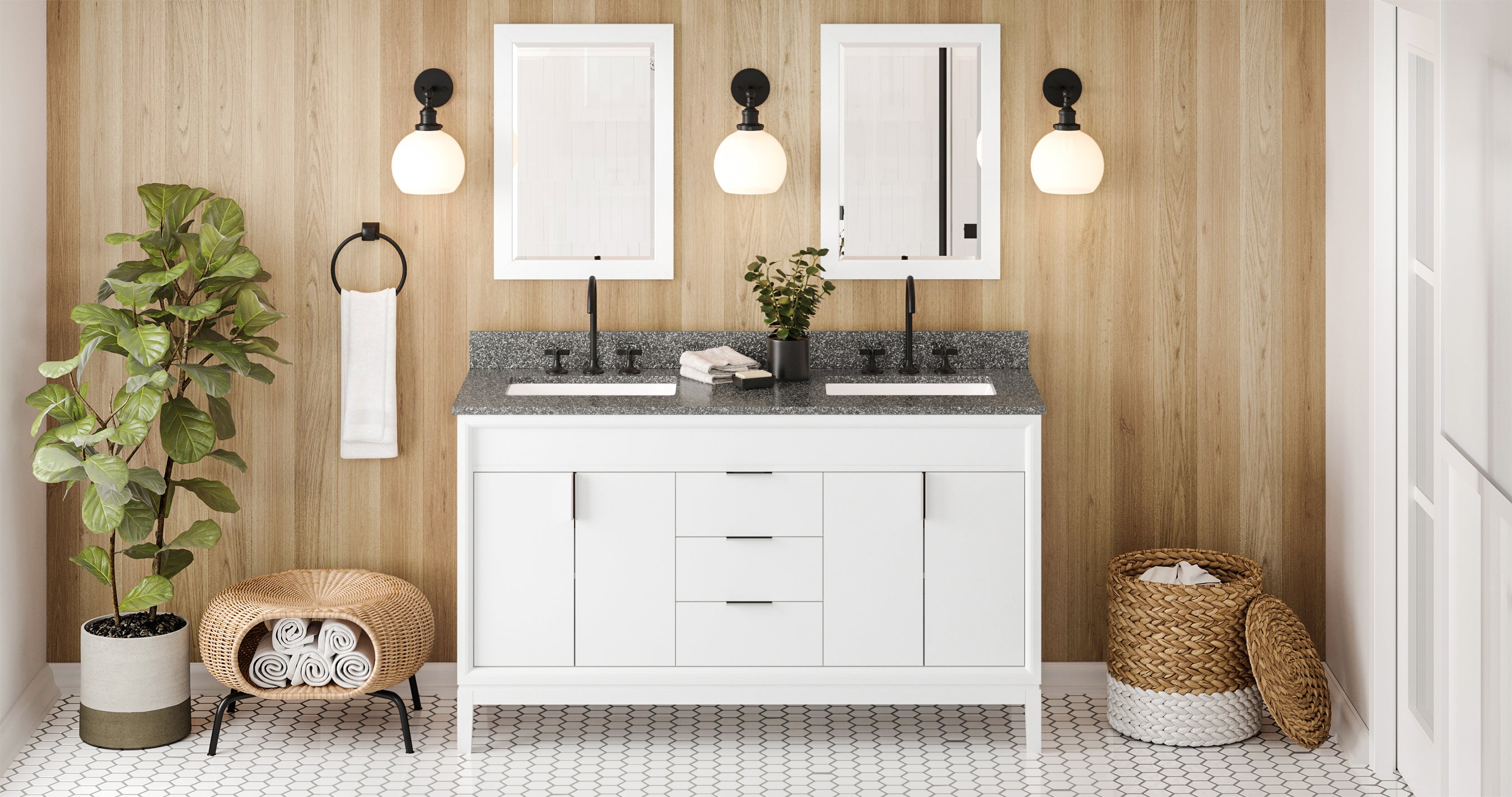 60" White Theodora Vanity, double bowl, Boulder Cultured Marble Vanity Top, two undermount rectangle bowls | KitchBath