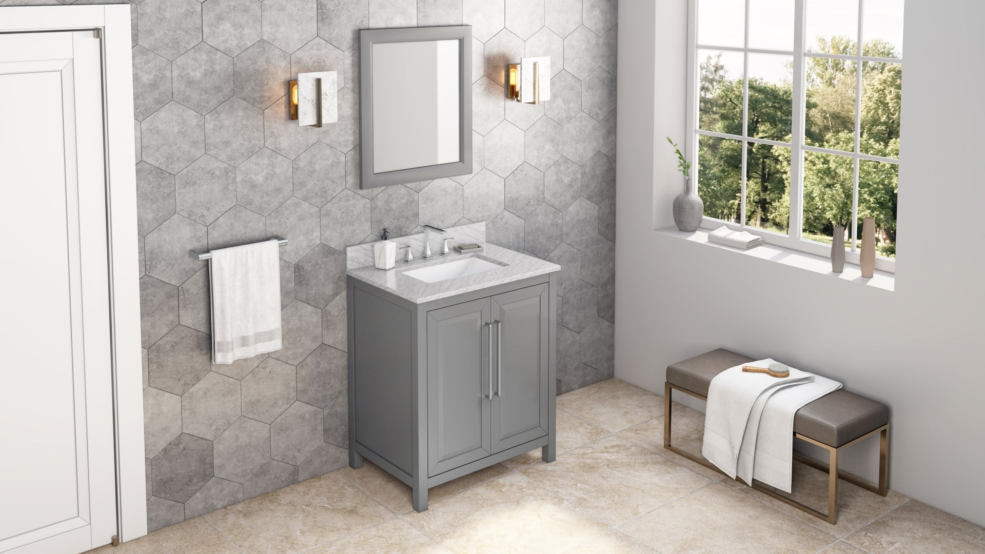 30" Grey Cade Vanity, White Carrara Marble Vanity Top, undermount rectangle bowl