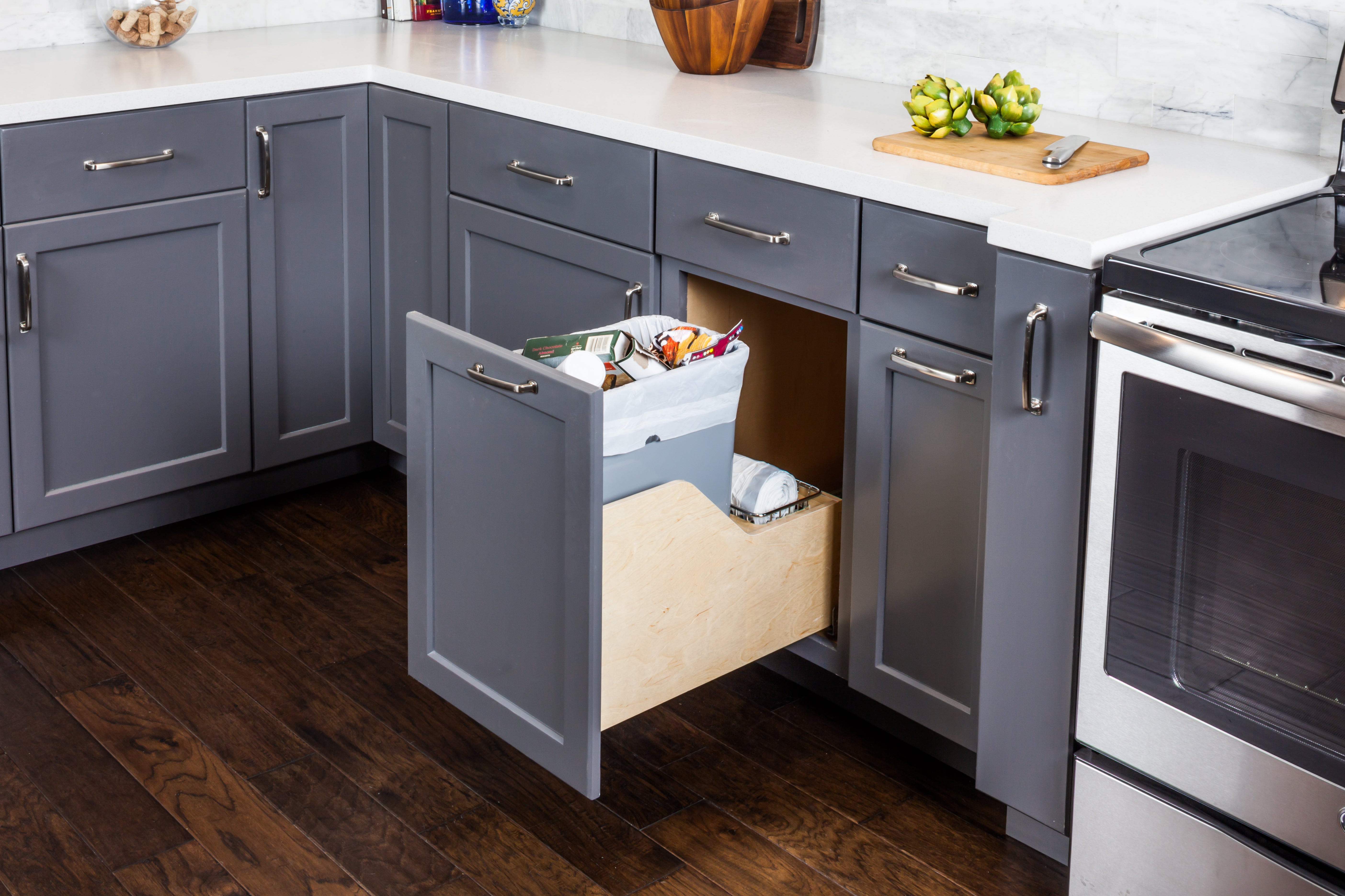Single 35 Quart Bottom-Mount Soft-close Trashcan Rollout for Door Mounting, Includes Grey Can | KitchBath