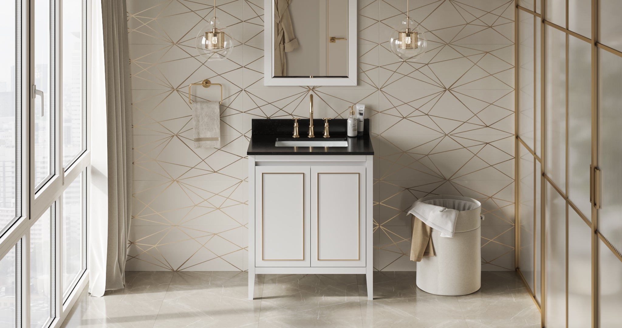 30" White Percival Vanity, Black Granite Vanity Top, undermount rectangle bowl | KitchBath