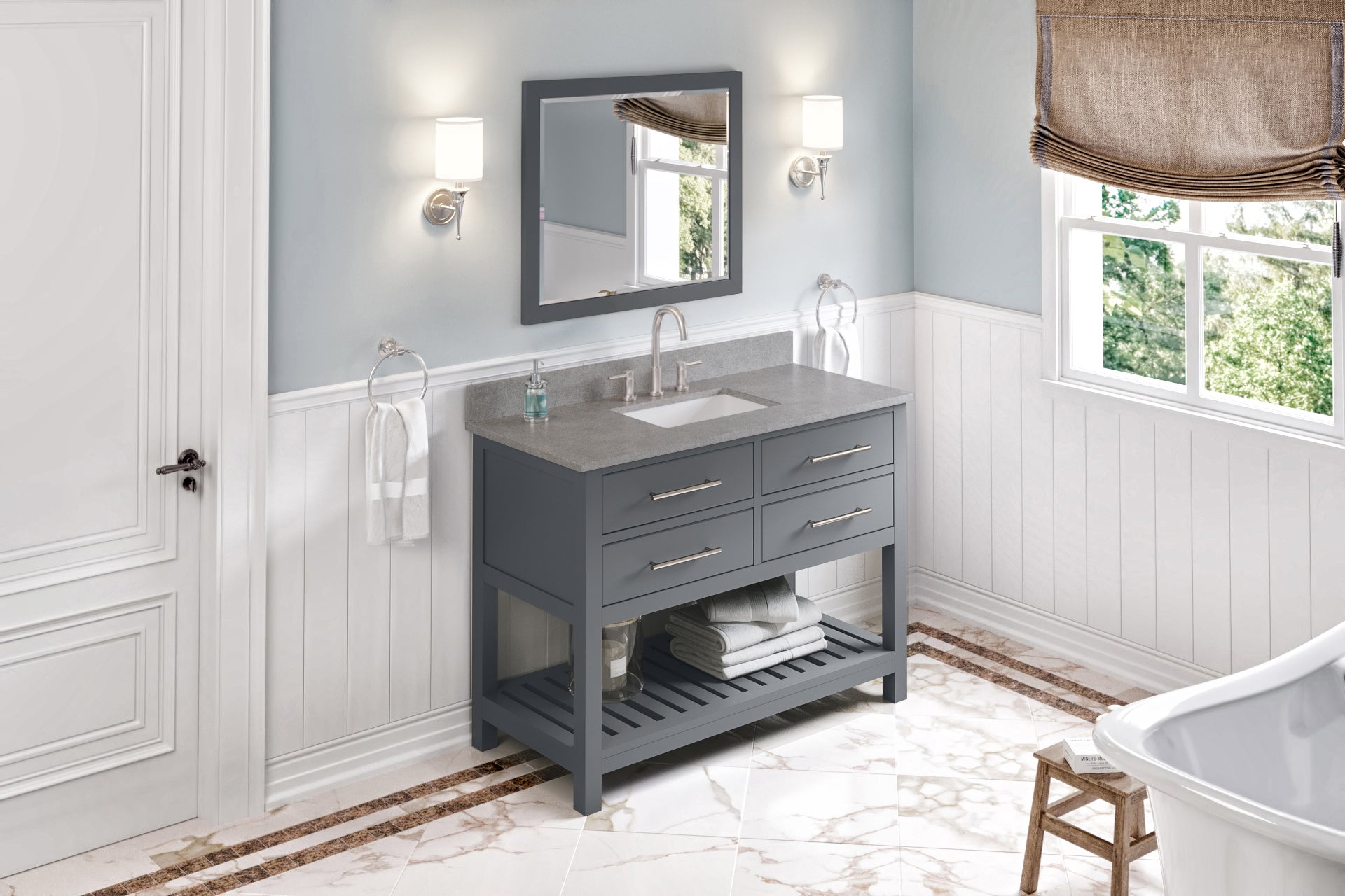 48" Grey Wavecrest Vanity, Steel Grey Cultured Marble Vanity Top, undermount rectangle bowl