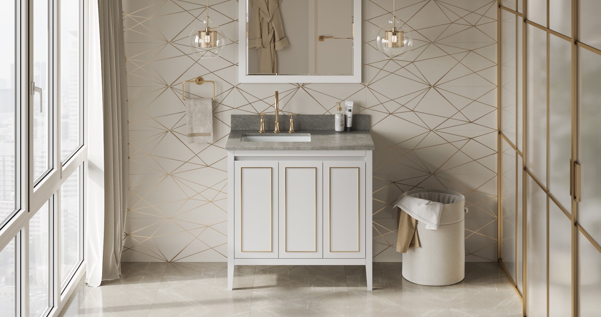 36" White Percival Vanity, left offset, Steel Grey Cultured Marble Vanity Top, undermount rectangle bowl | KitchBath