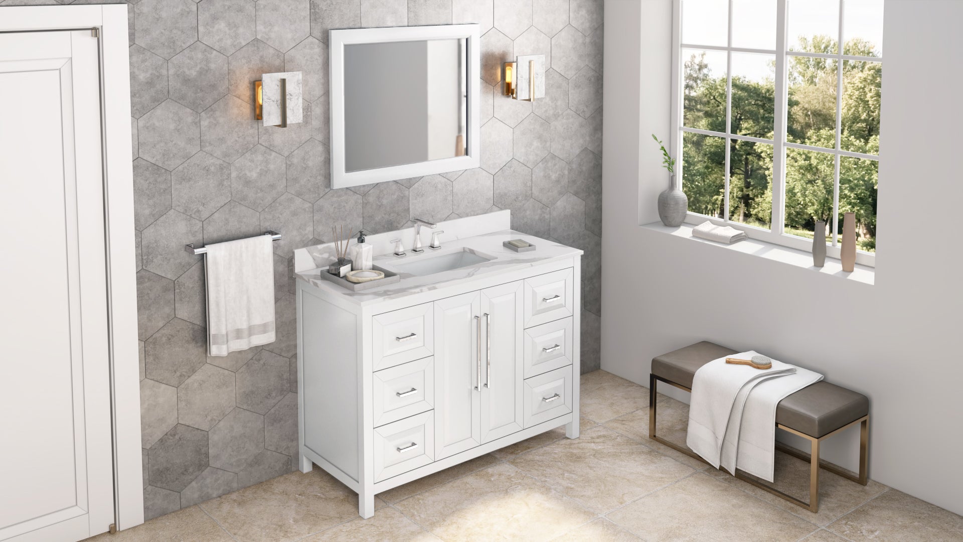 48" White Cade Vanity, Calacatta Vienna Quartz Vanity Top, undermount rectangle bowl