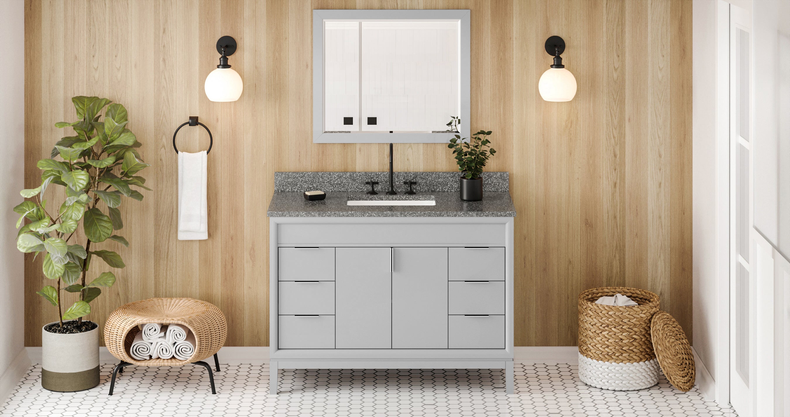 48" Grey Theodora Vanity, Boulder Cultured Marble Vanity Top, undermount rectangle bowl | KitchBath