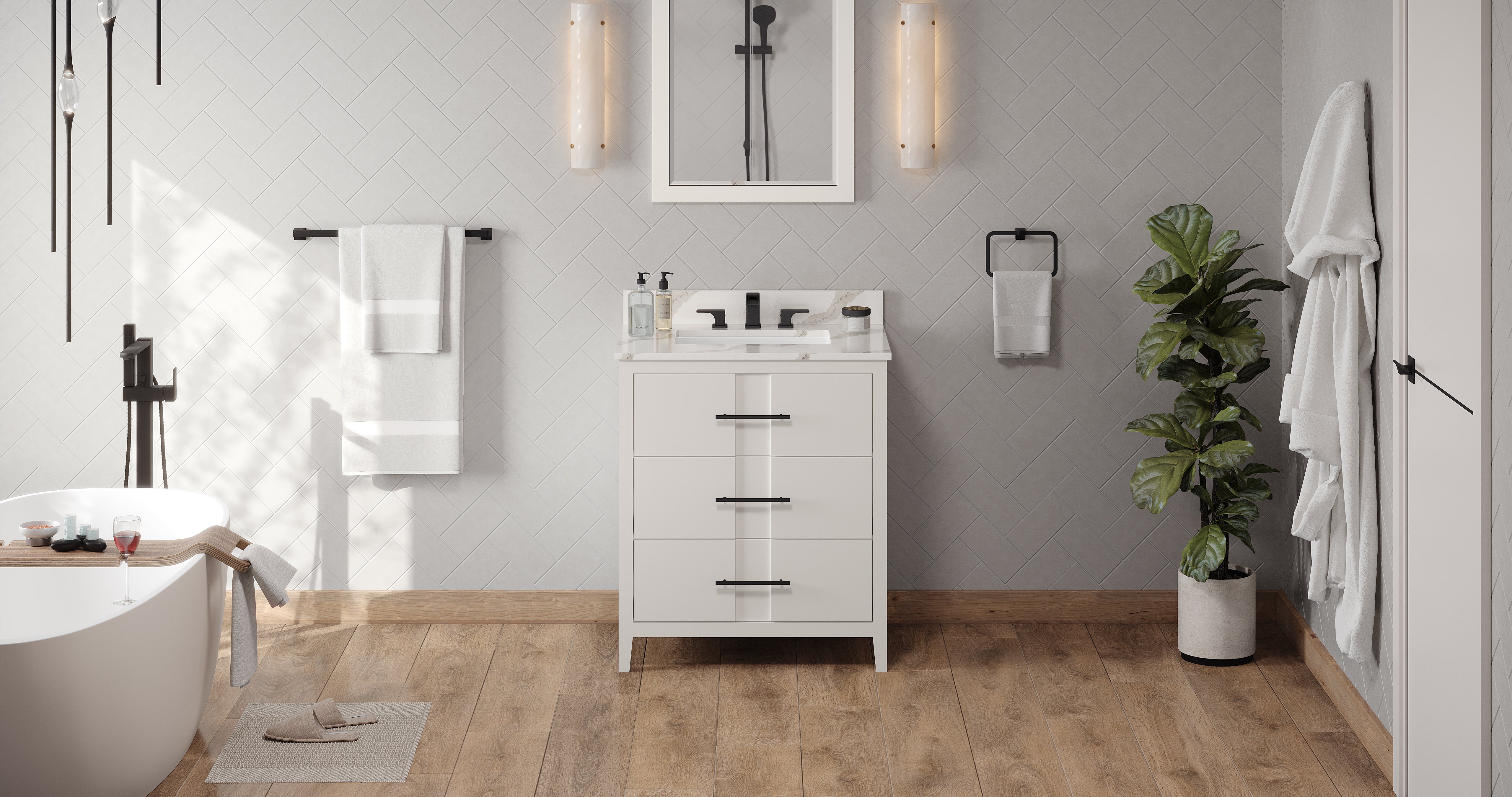 30" White Katara Vanity, Calacatta Vienna Quartz Vanity Top, undermount rectangle bowl | KitchBath
