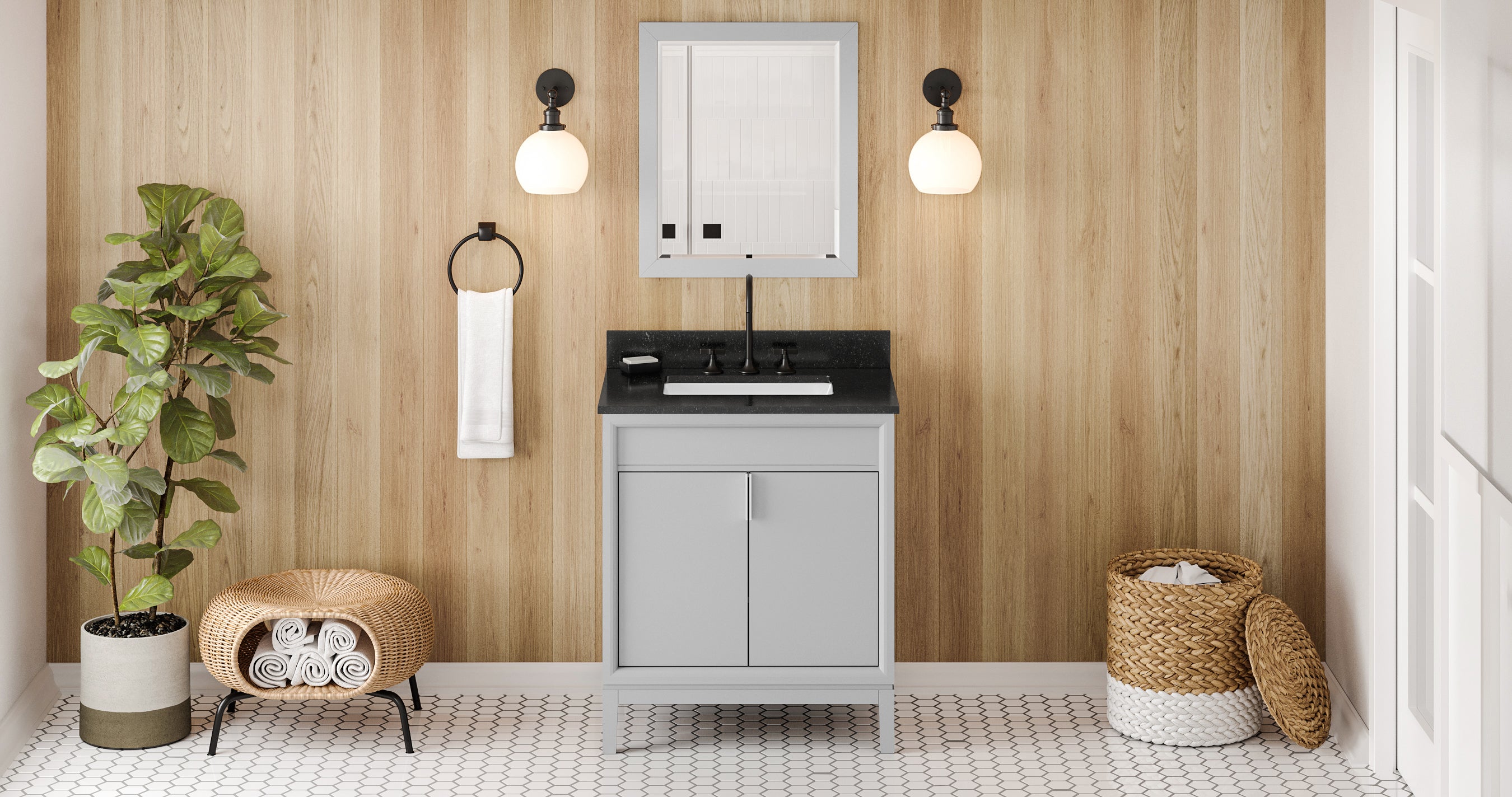 30" Grey Theodora Vanity, Black Granite Vanity Top, undermount rectangle bowl | KitchBath