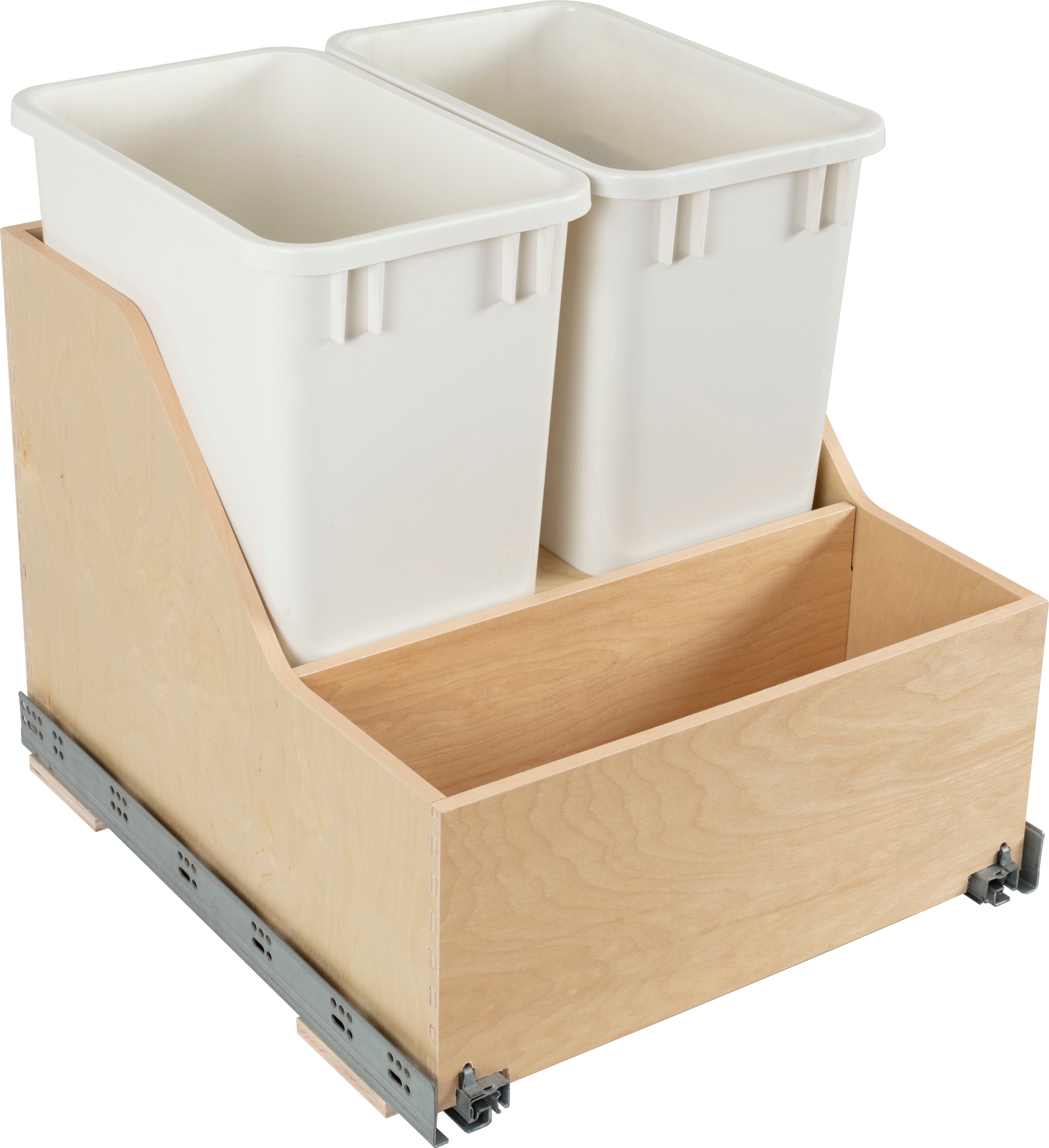 Double 35 Quart Wood Bottom-Mount Soft-close Trashcan Rollout for Door Mounting, Includes Two White Cans and Door Joining Bracket | KitchBath