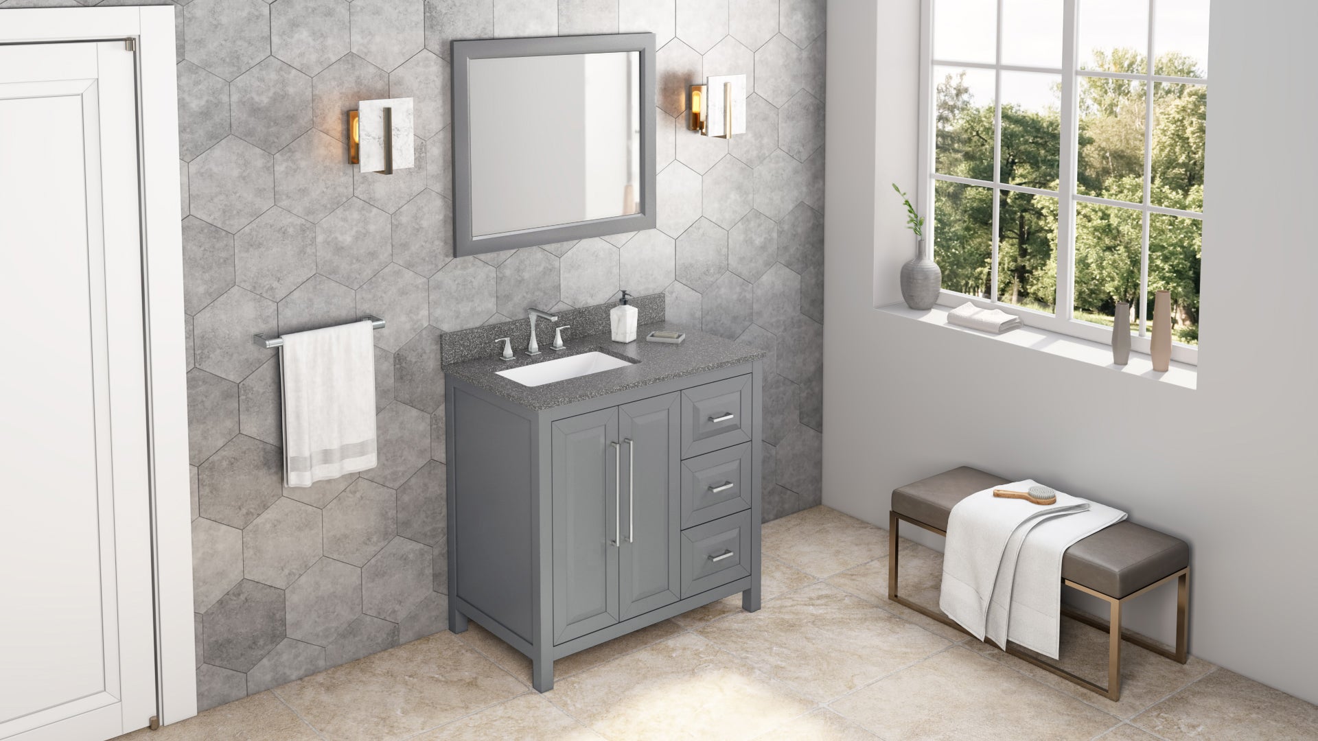 36" Grey Cade Vanity, left offset, Boulder Vanity Cultured Marble Vanity Top, undermount rectangle bowl