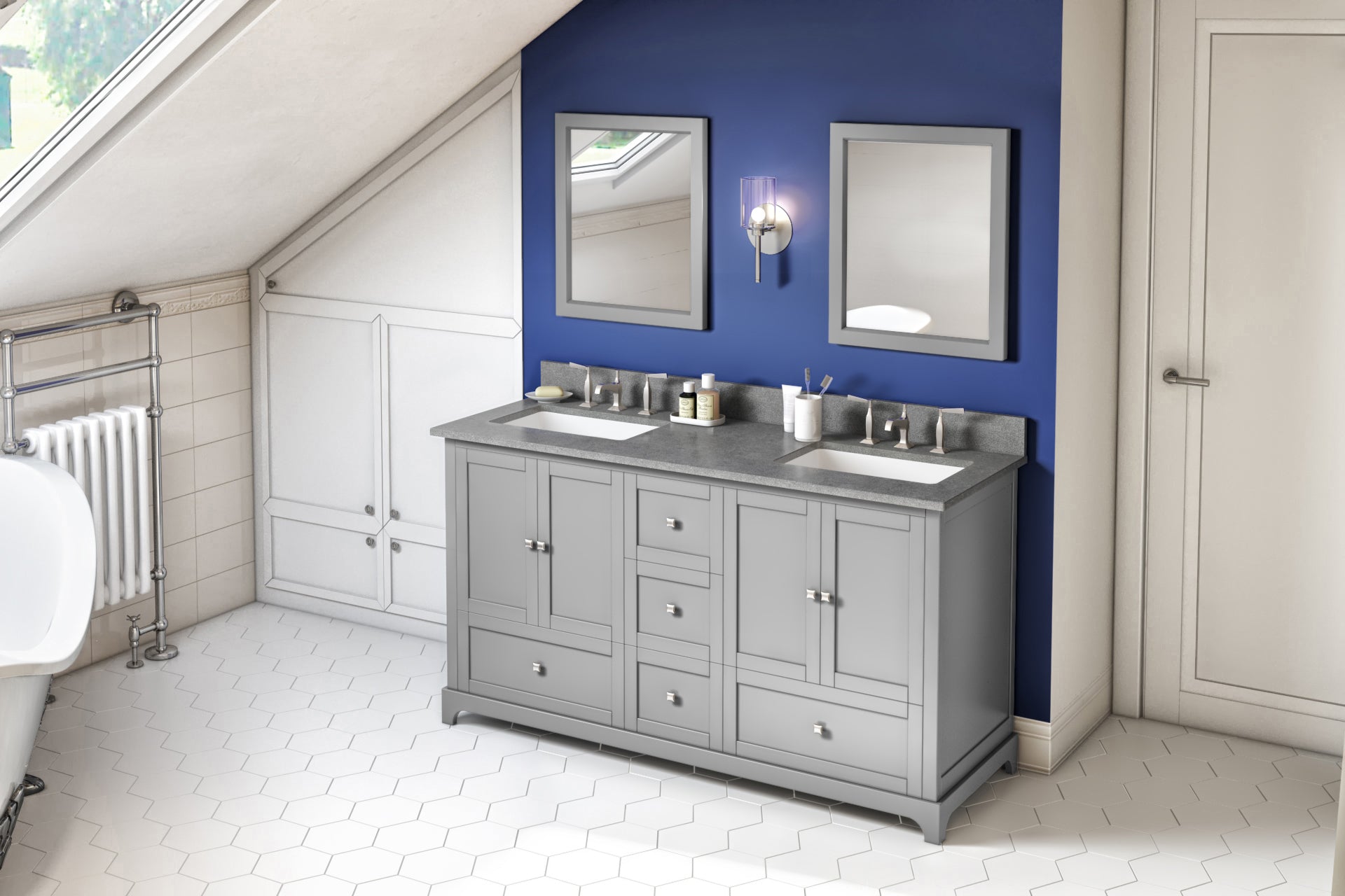 60" Grey Addington Vanity, double bowl, Steel Grey Cultured Marble Vanity Top, two undermount rectangle bowls