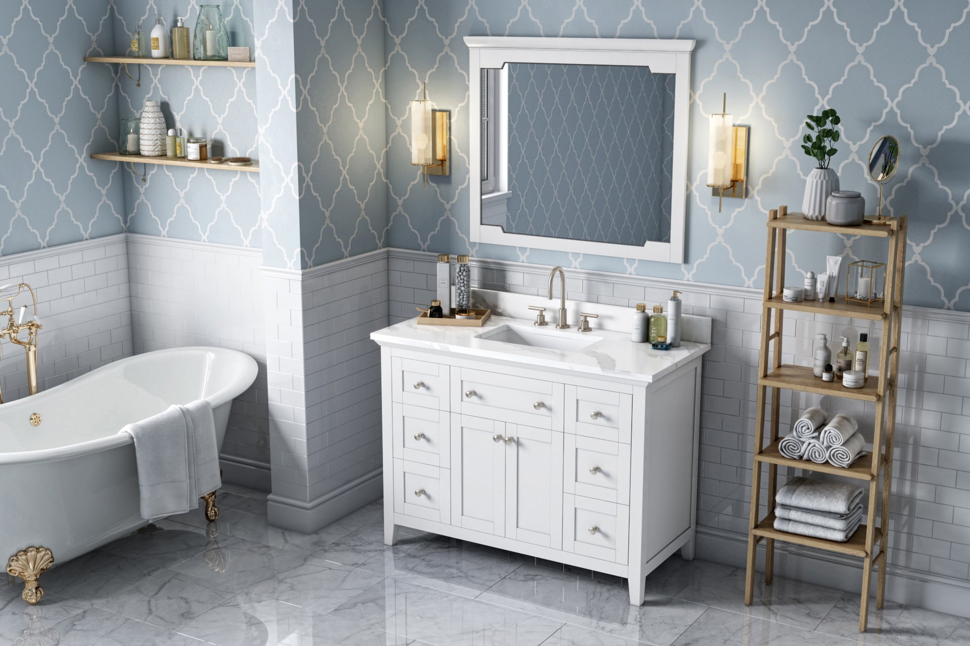 48" White Chatham Vanity, Calacatta Vienna Quartz Vanity Top, undermount rectangle bowl